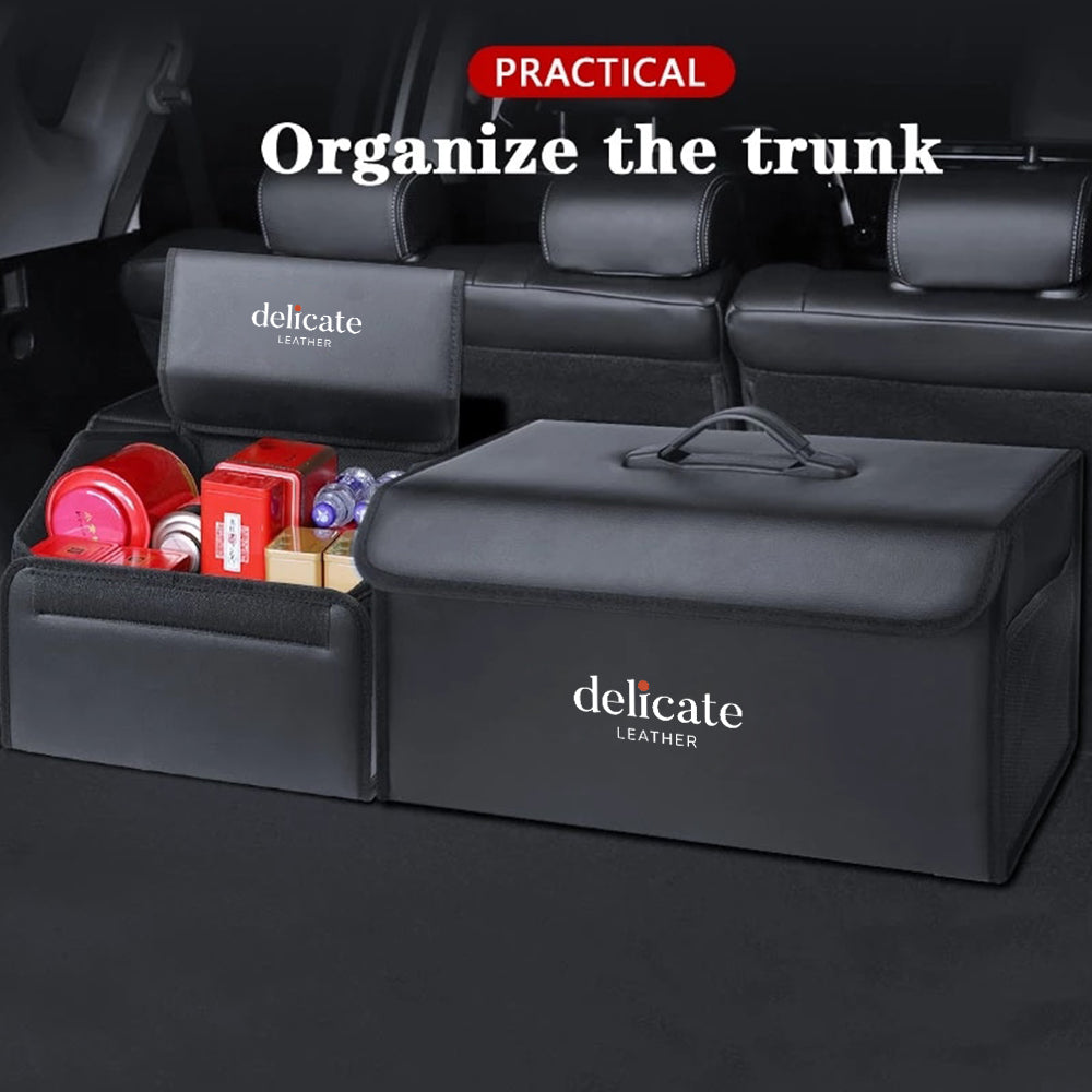 Foldable Trunk Storage Luggage Organizer Box, Custom For Cars, Portable Car Storage Box Bin SUV Van Cargo Carrier Caddy for Shopping, Camping Picnic, Home Garage, Car Accessories NS12996 - Delicate Leather