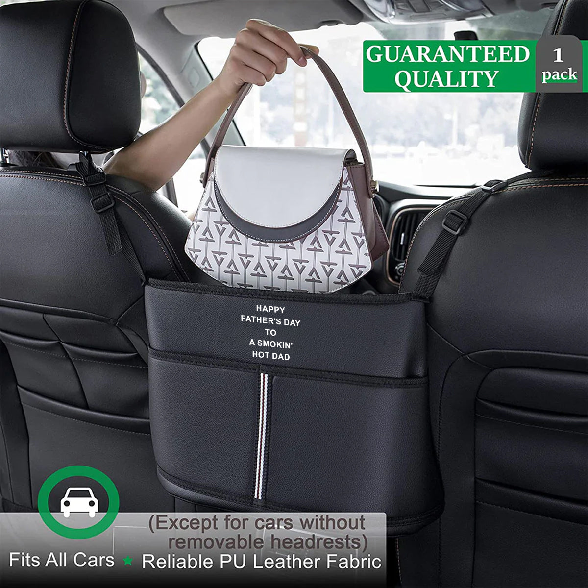 Happy Father's Day to a Smokin' Hot Dad Car Purse Holder for Car Handbag Holder Between Seats Premium PU Leather, Custom Fit For Your Cars, Auto Driver Or Passenger Accessories Organizer, Hanging Car Purse Storage Pocket Back, Gift for Daddy