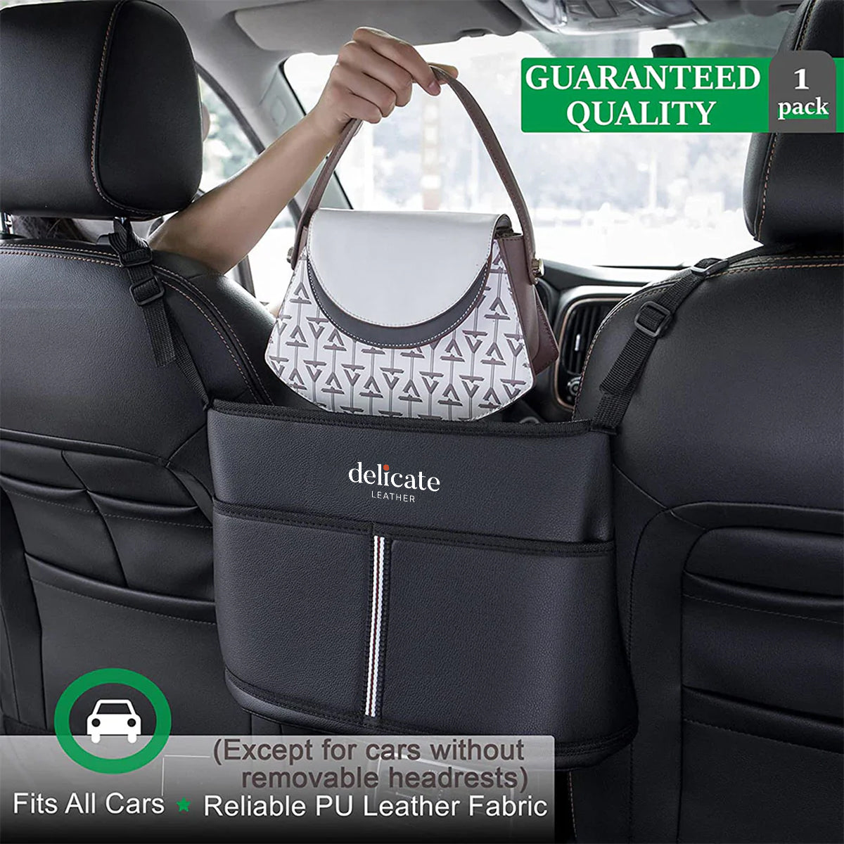 Delicate Leather Car Purse Holder for Car Handbag Holder Between Seats Premium PU Leather, Custom Fit For Your Cars, Auto Driver Or Passenger Accessories Organizer, Hanging Car Purse Storage Pocket Back Seat Pet Barrier CC11991 - Delicate Leather