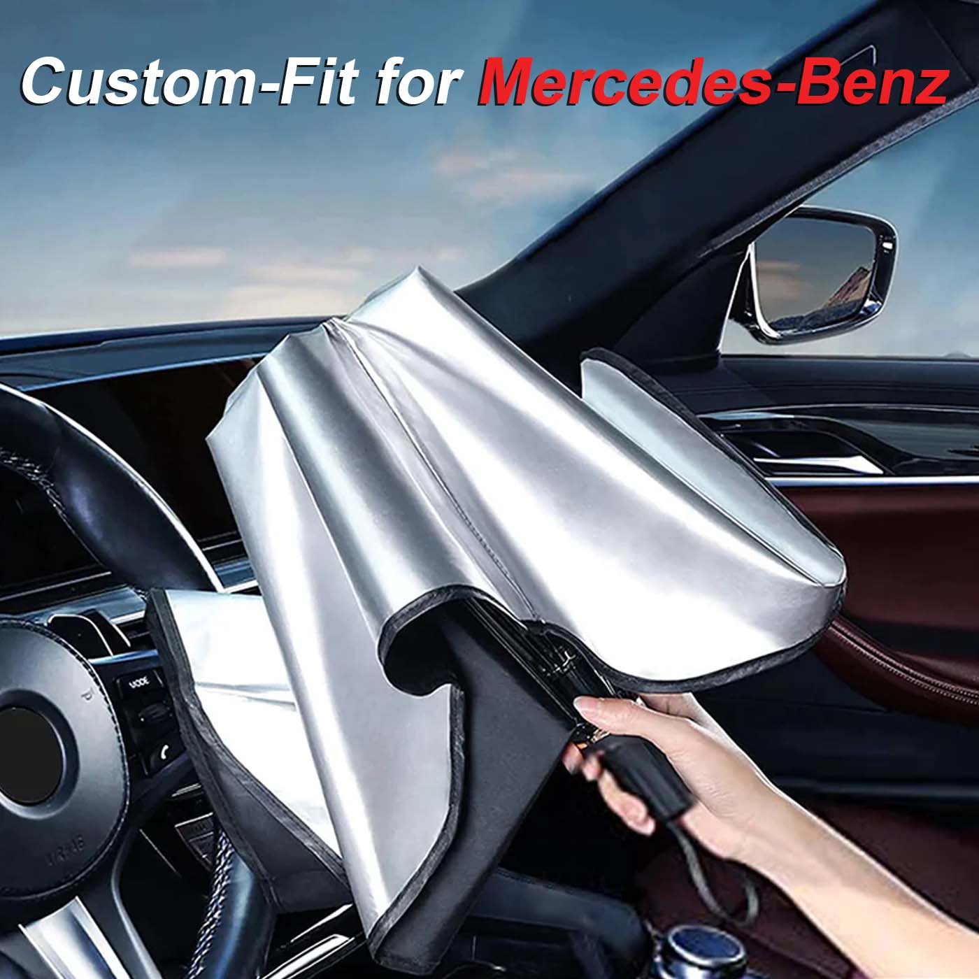 Custom fit for Mercedes-Benz Sunshade, Car Window Shade with Car Logo, Foldable Windshield Sunshade Sun and UV Protection - Delicate Leather