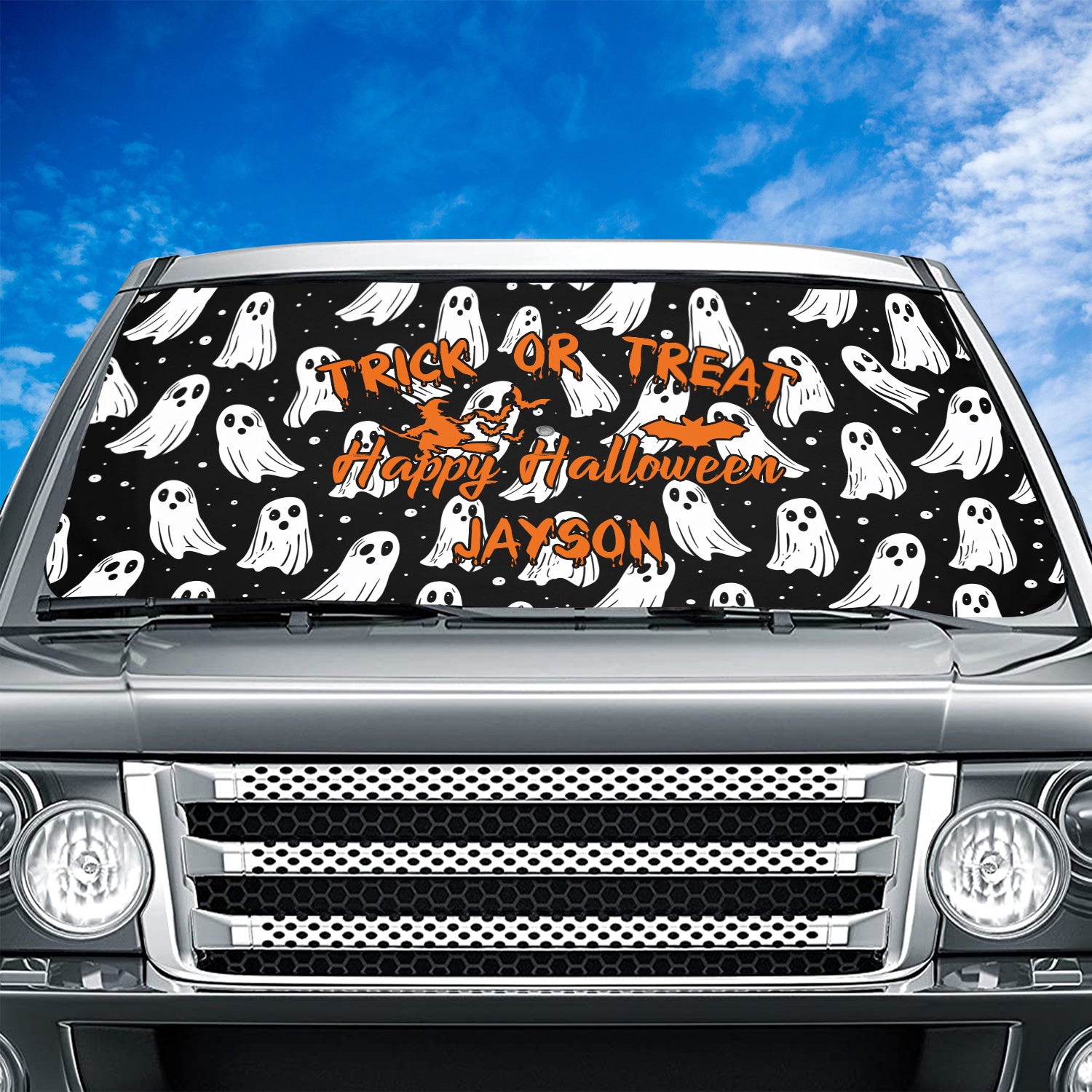 Personalized Happy Halloween Car Windshield Sunshade, Cute Doodle Ghost, Fit with all car, UV Rays and Heat Sun Visor Protector Foldable Sun Shade Umbrella, Halloween 02 - Delicate Leather