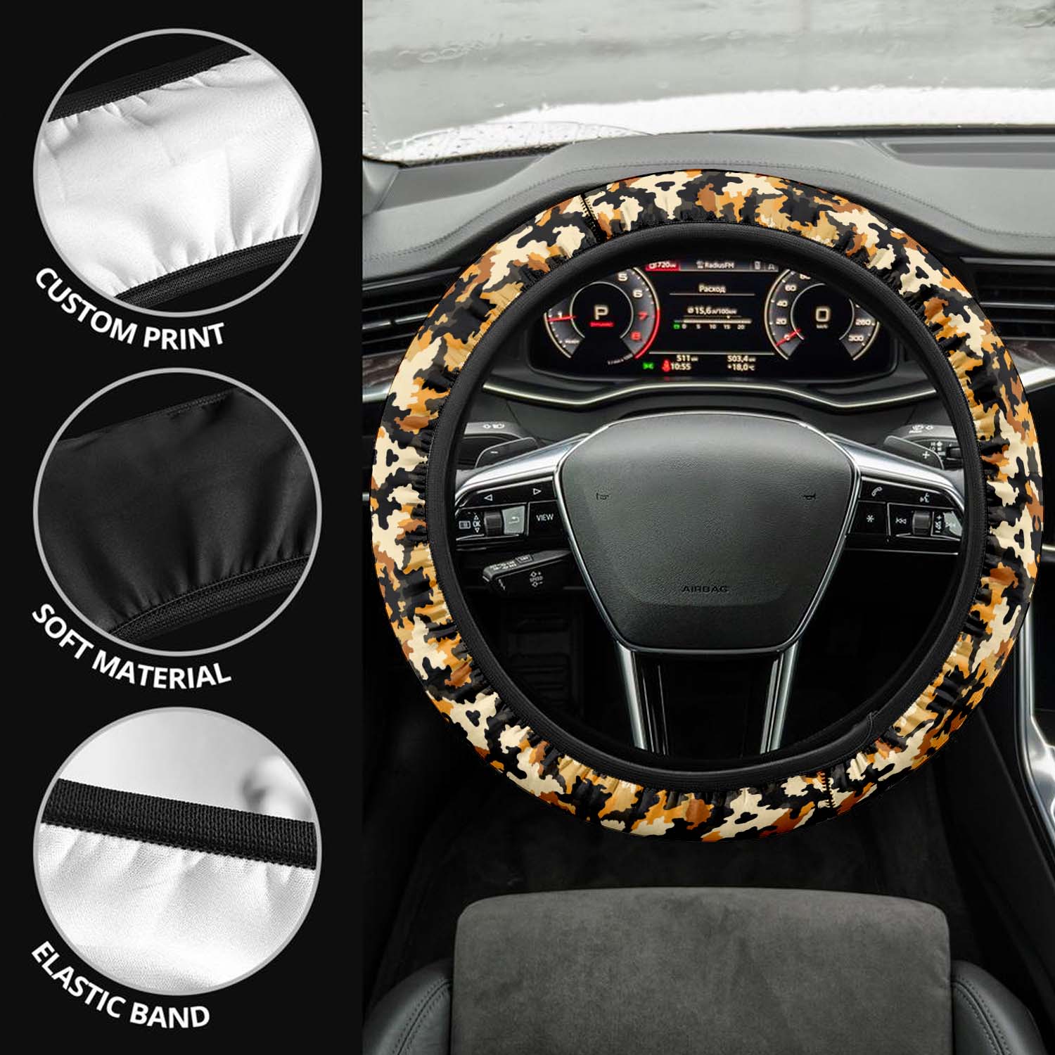 Car Steering Wheel Cover Update Version, Yellow and Black Camo Camouflage Custom-Fit for Car, Premium Leather Car Steering Wheel Cover , Car Accessories, Camo 11