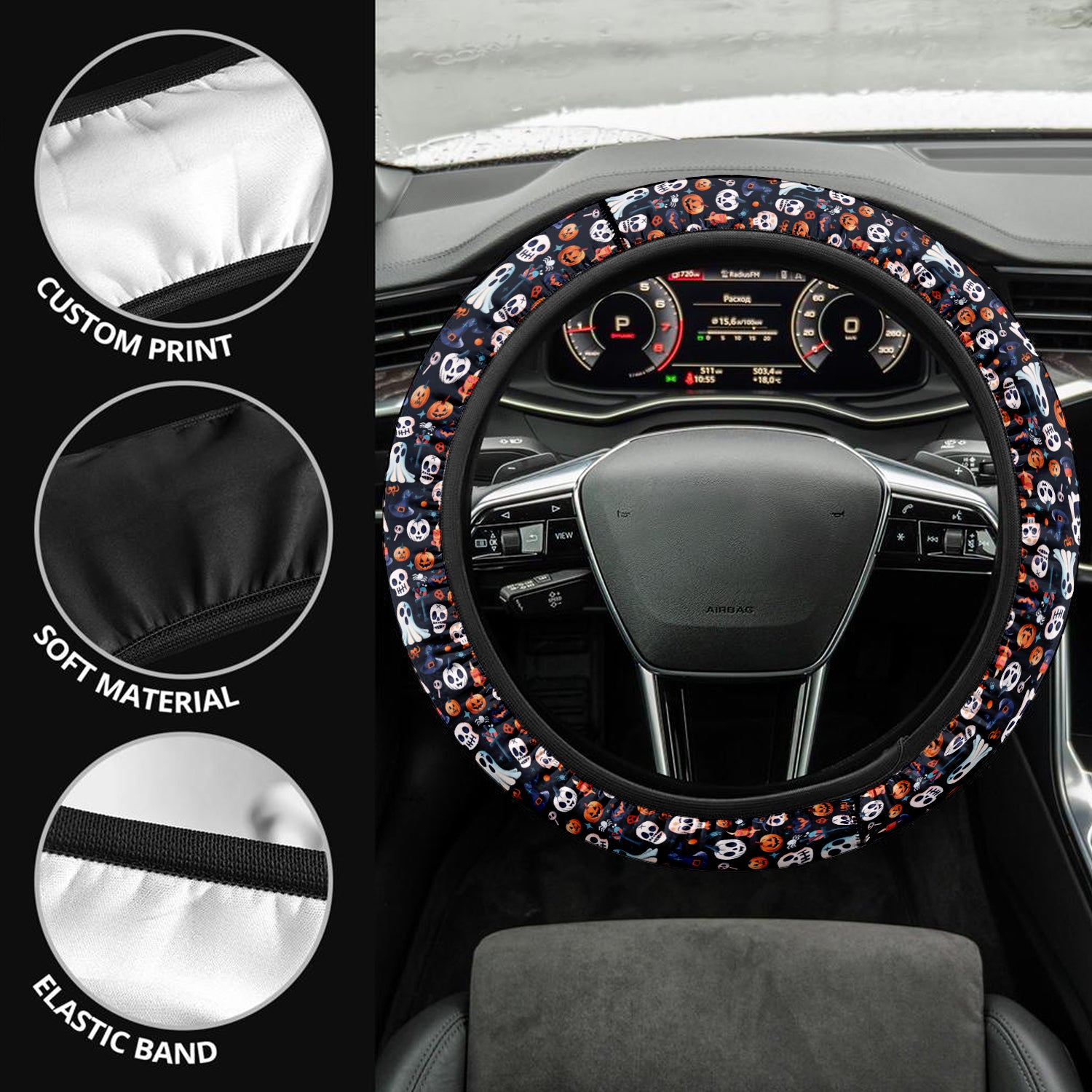 Happy Halloween Car Steering Wheel Cover Update Version, Cute Doodle Ghost Custom-Fit for Car, Premium Leather Car Steering Wheel Cover , Car Accessories, Halloween 08