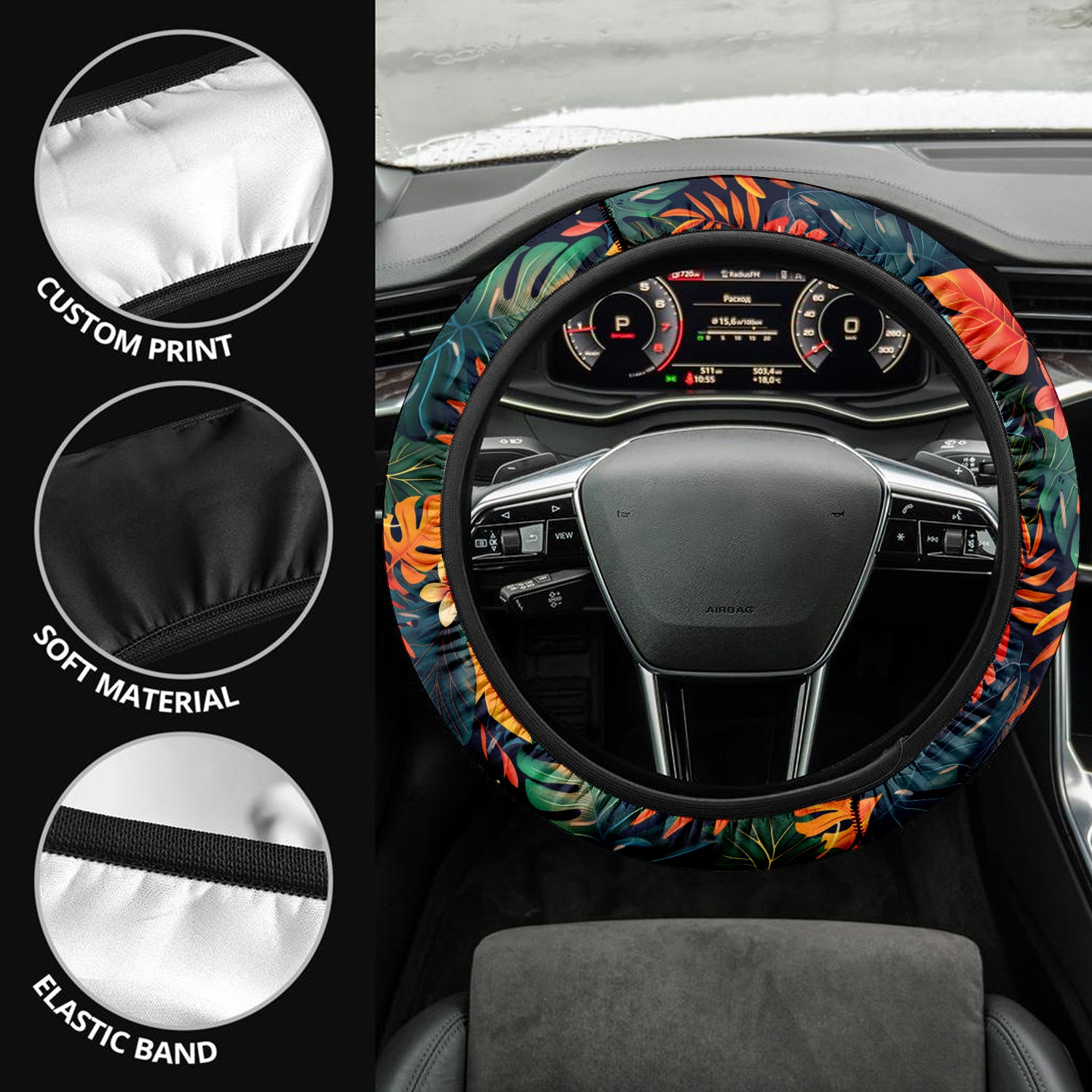 Tropical Rainforest, Forest Botanical, Car Steering Wheel Cover Update Version, Forest Botanical Custom-Fit for Car, Premium Leather Car Steering Wheel Cover , Car Accessories, Tropical 05 - Delicate Leather