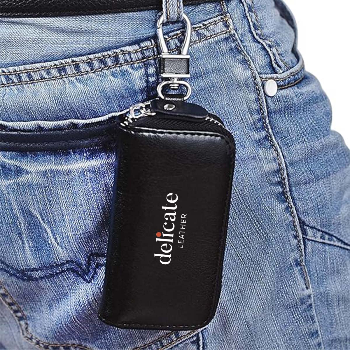 Delicate Leather Gender-Neutral Luxury Leather Key Holder Wallet with 6 Hooks and Zipper Closure for Car Keys - Delicate Leather