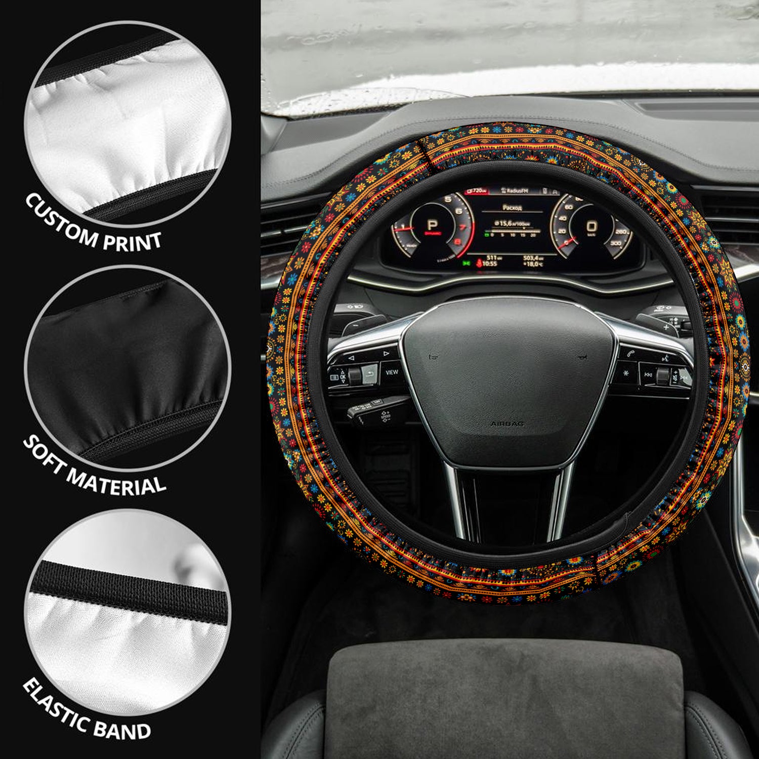 Mandala  Boho Car Steering Wheel Cover Update Version, Forest Botanical Custom-Fit for Car, Premium Leather Car Steering Wheel Cover , Car Accessories, Boho 07 - Delicate Leather