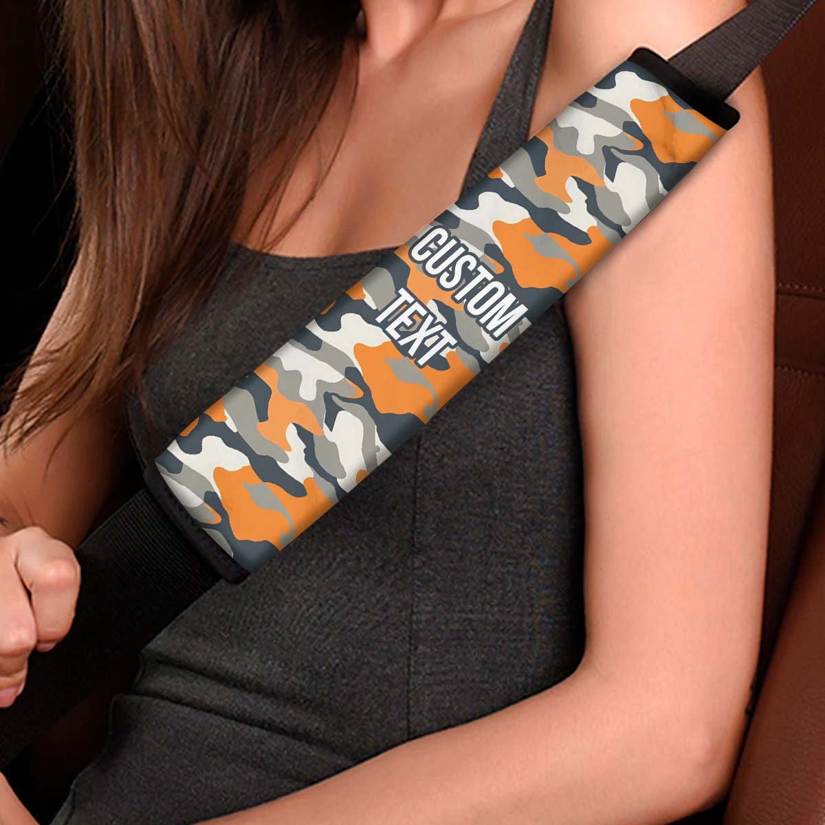 Personalized Custom Camo Seat Belt Covers (2PCS) Orange and Gray Camouflage, Microfiber Leather Seat Belt Shoulder Pads for More Comfortable Driving, Camo 01 - Delicate Leather