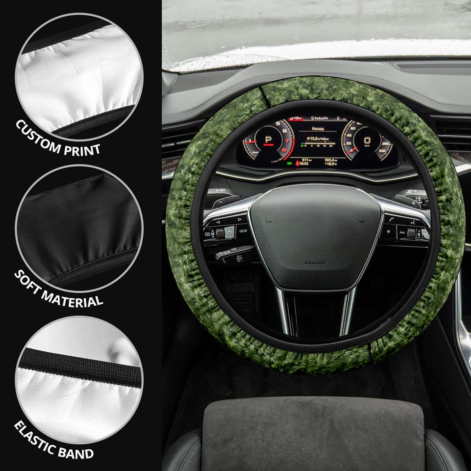 Car Steering Wheel Cover Update Version, Green Camo Camouflage Custom-Fit for Car, Premium Leather Car Steering Wheel Cover , Car Accessories, Camo 06
