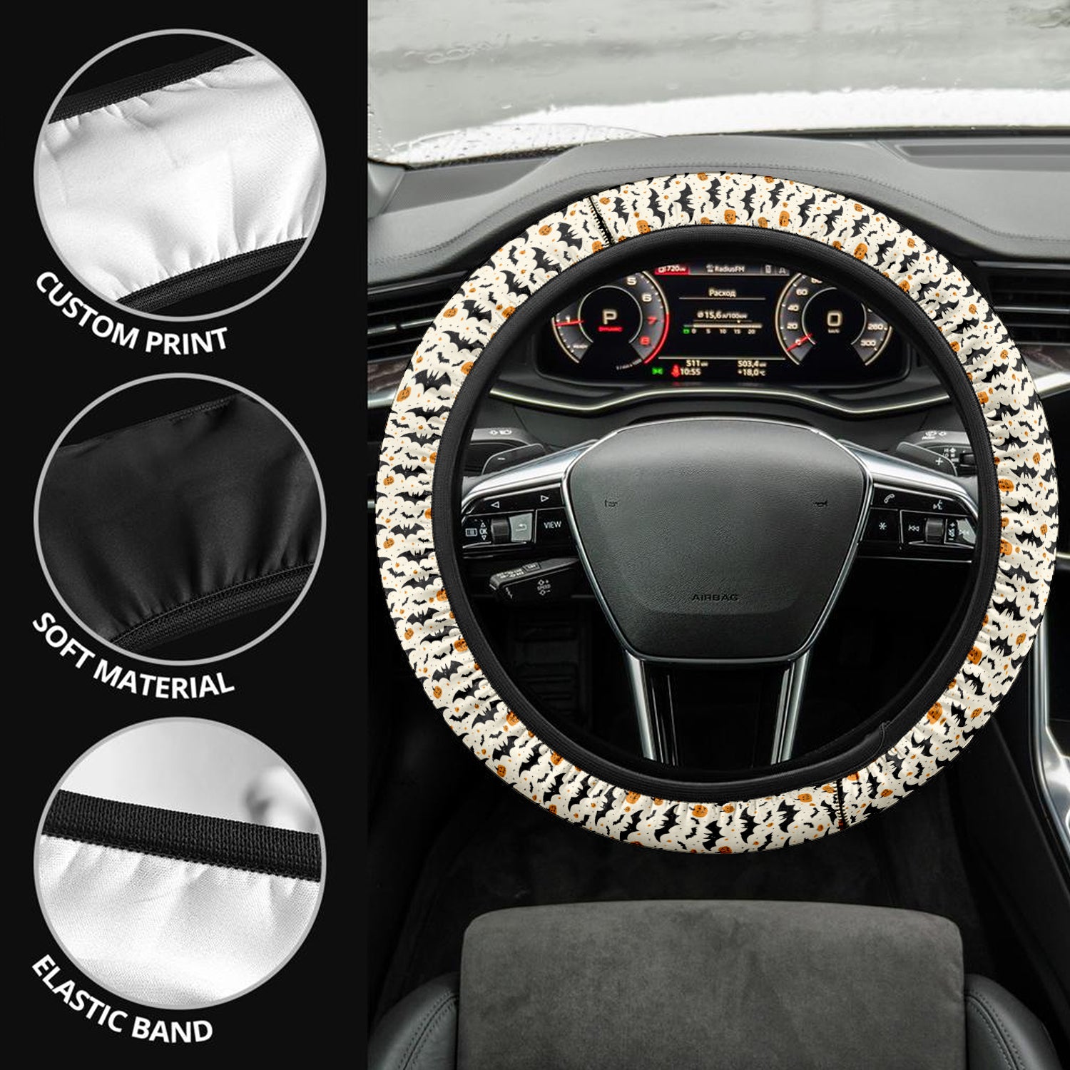 Happy Halloween Car Steering Wheel Cover Update Version, Bats Swarm Custom-Fit for Car, Premium Leather Car Steering Wheel Cover , Car Accessories, Halloween 05