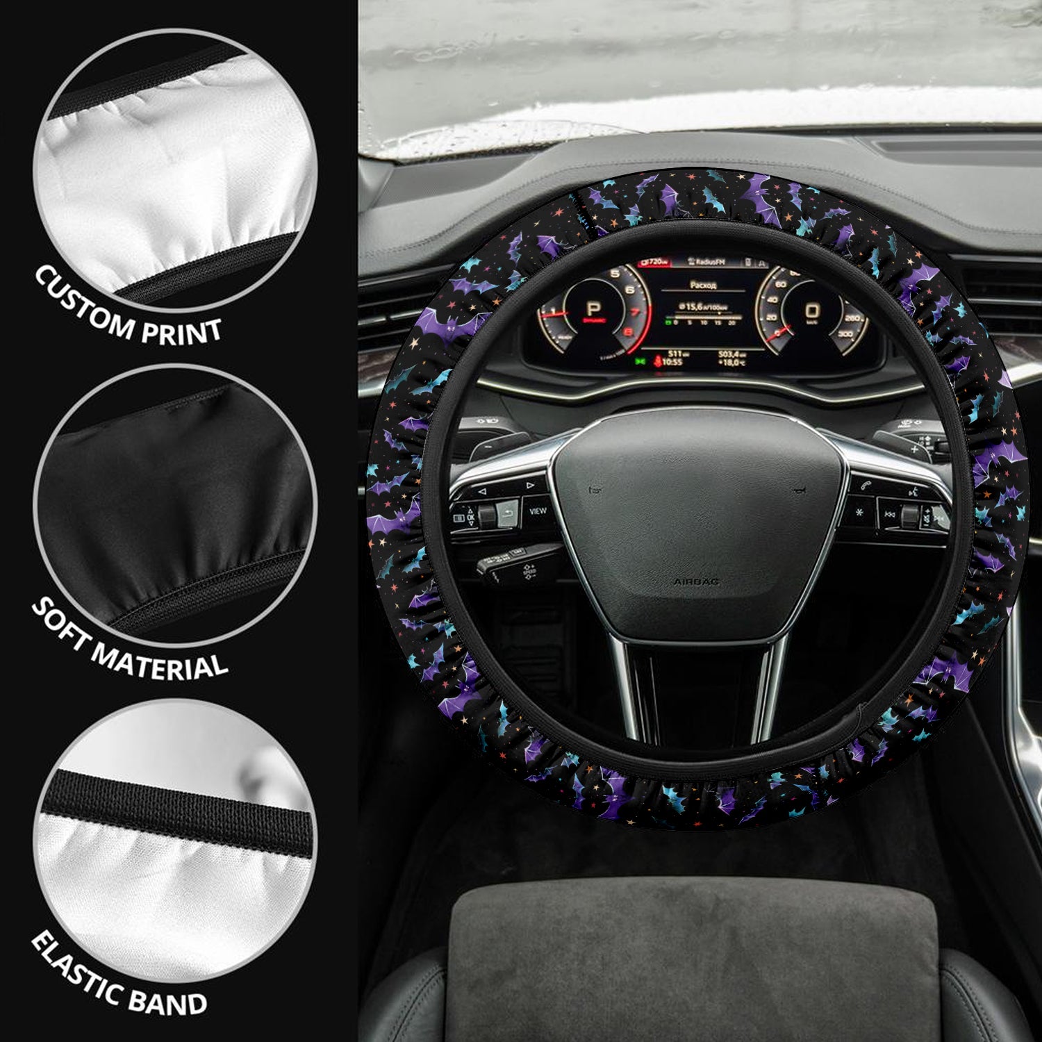 Happy Halloween Car Steering Wheel Cover Update Version, Bats Swarm Custom-Fit for Car, Premium Leather Car Steering Wheel Cover , Car Accessories, Halloween 01