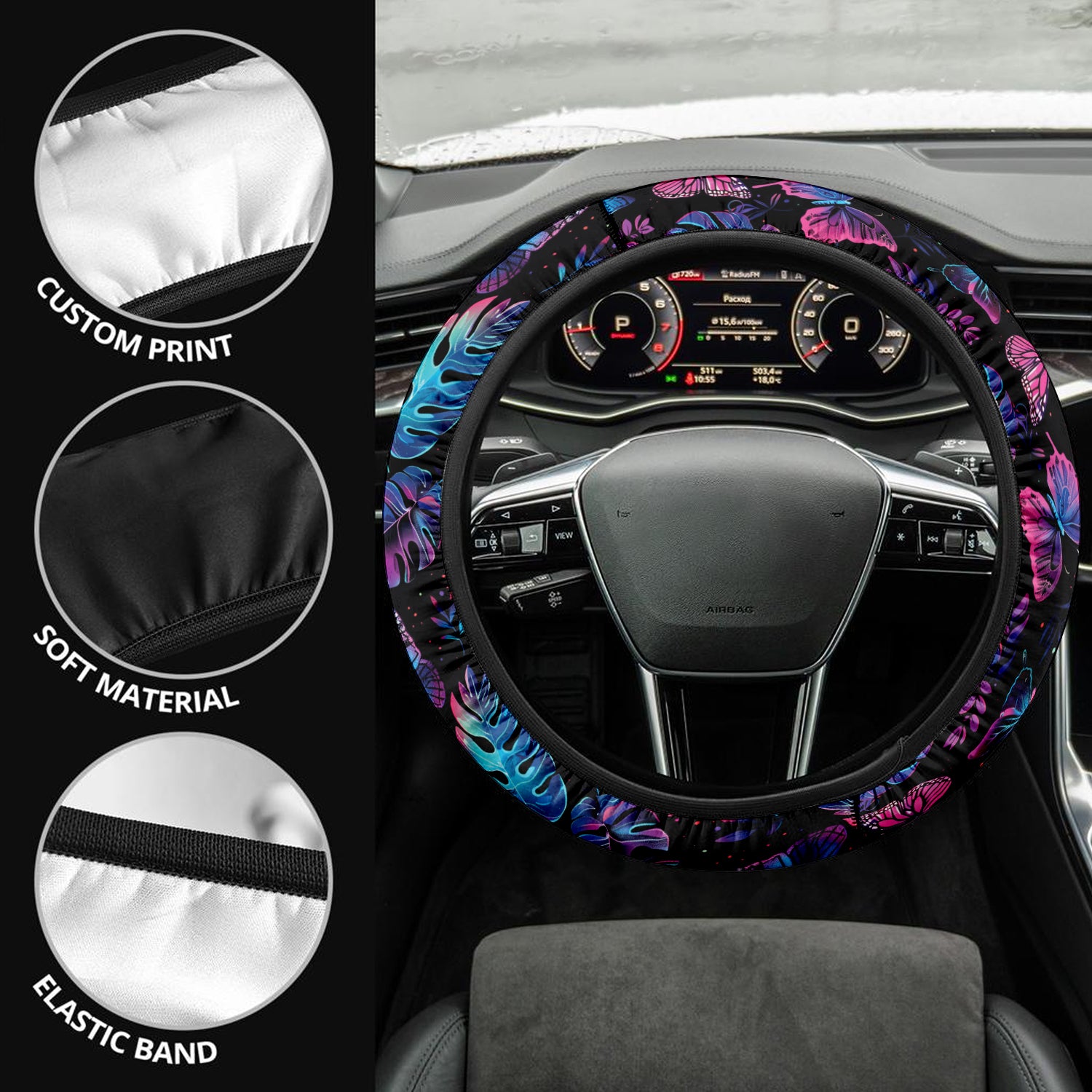 Tropical Rainforest, Forest Botanical, Car Steering Wheel Cover Update Version, Forest Botanical Custom-Fit for Car, Premium Leather Car Steering Wheel Cover , Car Accessories, Tropical 07 - Delicate Leather