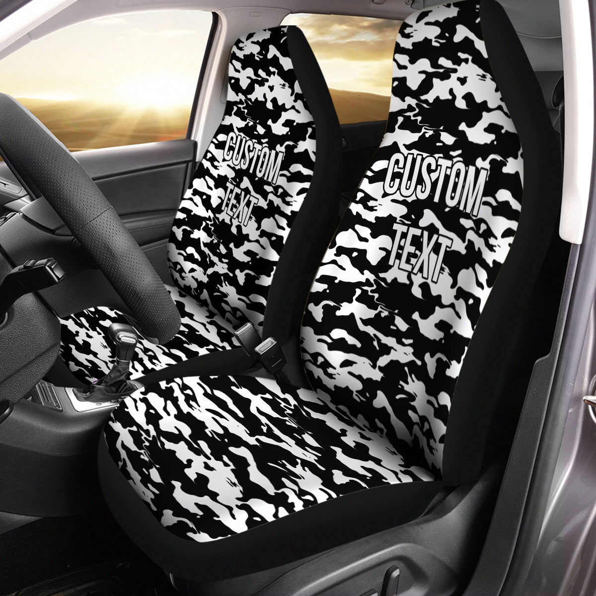 Personalized Custom Camo Car Seat Covers Black And White Camouflage Set of 2 Seat Protectors Universal Fit For Car SUV Bucket Seats, Camo 05 - Delicate Leather