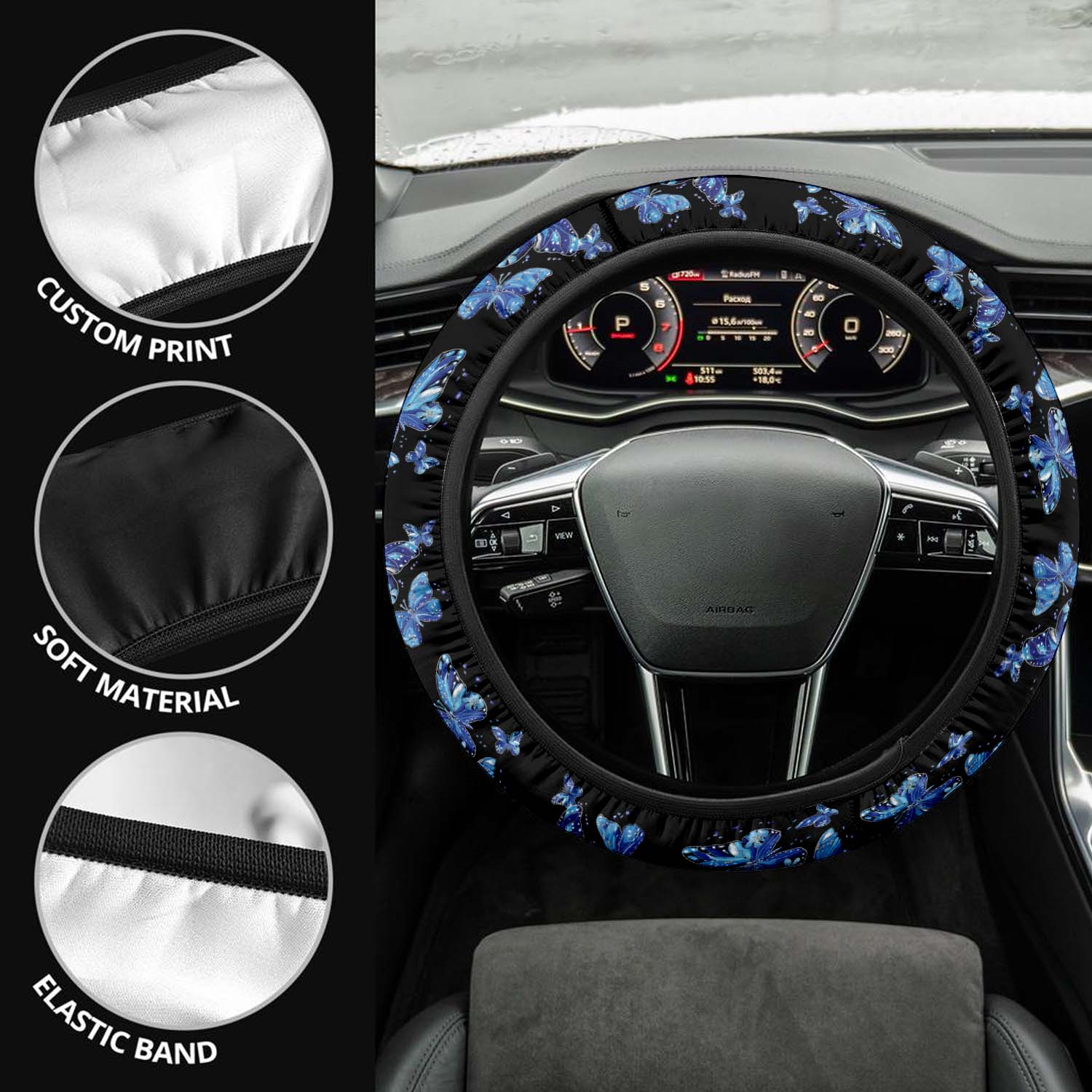 Faux Embroidery Car Steering Wheel Cover Update Version, Universal Fit Embroidered Blue Butterfly, Premium Leather Car Steering Wheel Cover , Car Accessories, Butterfly 03 - Delicate Leather