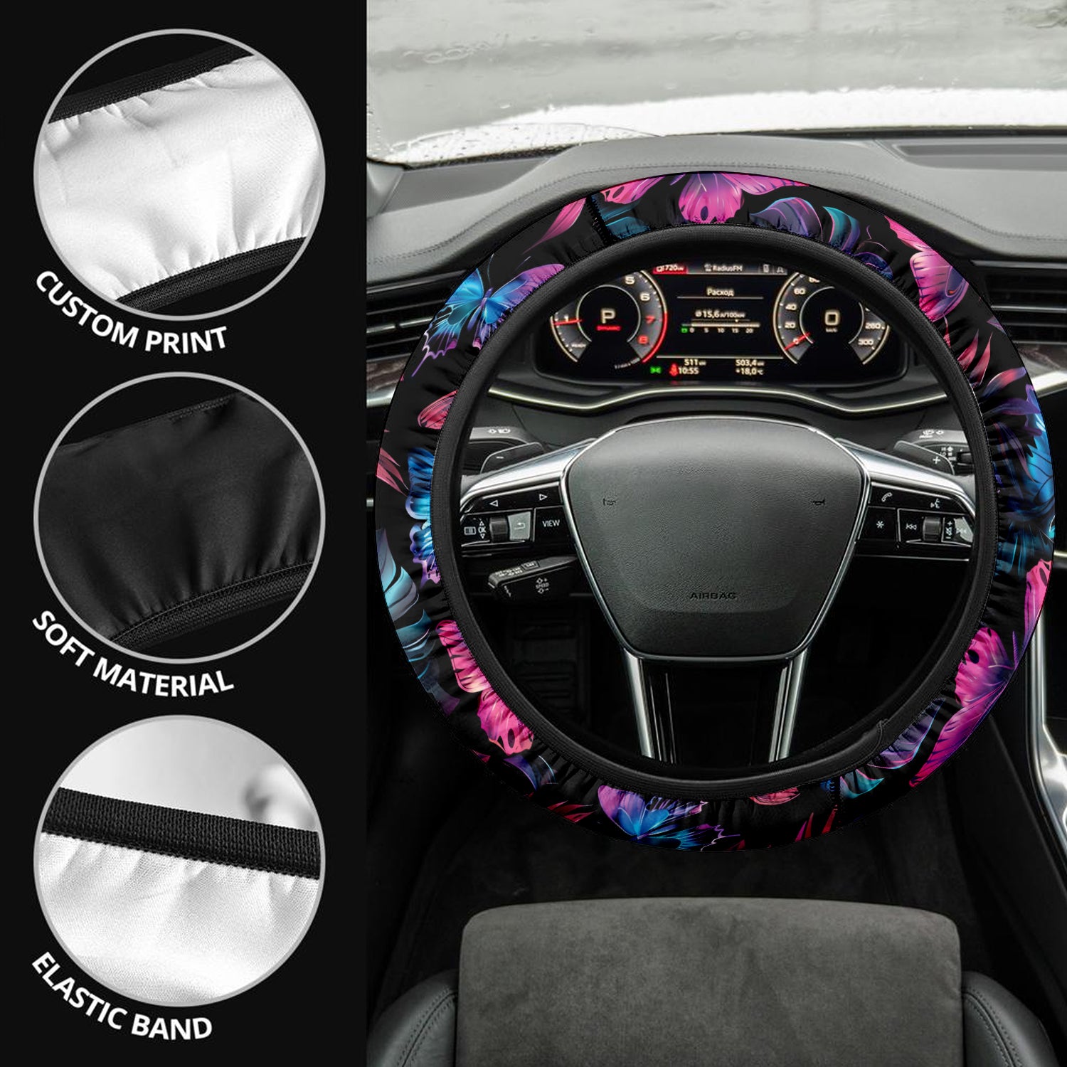 Tropical Rainforest, Forest Botanical, Butterfly And Flower Car Steering Wheel Cover Update Version, Forest Botanical Custom-Fit for Car, Premium Leather Car Steering Wheel Cover , Car Accessories, Tropical 08 - Delicate Leather