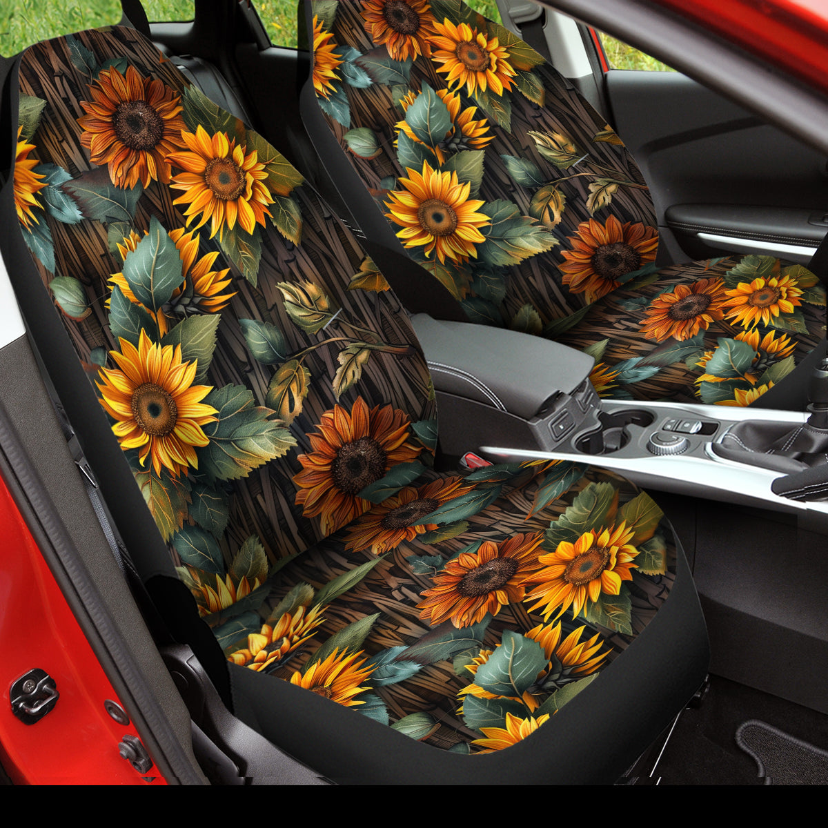 Sunflower Car Seat Cover for Women Men, Auto Seat Cover 2 Piece Stretchy Breathable Bucket Vehicles Seat Cover for Cars Front Seats for SUV Cars, Yellow and Brown, Sunflower2