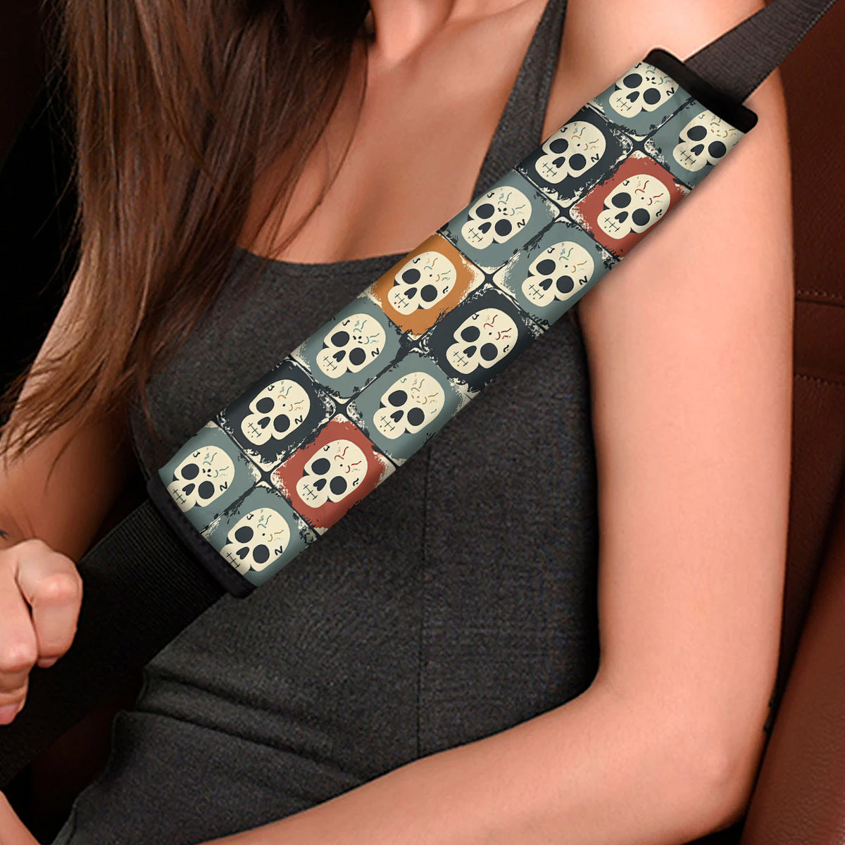 Happy Halloween Seat Belt Covers (2PCS) , Cute Skull Microfiber Leather Seat Belt Shoulder Pads for More Comfortable Driving, Halloween 07 - Delicate Leather
