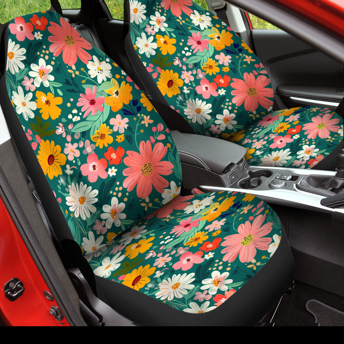 Cottagecore Green Floral Car Seat Covers Full Set, Nature Boho Flowers Seat Cover For Women, Steering Wheel Cover, Cute Car Accessories Gift, Flower