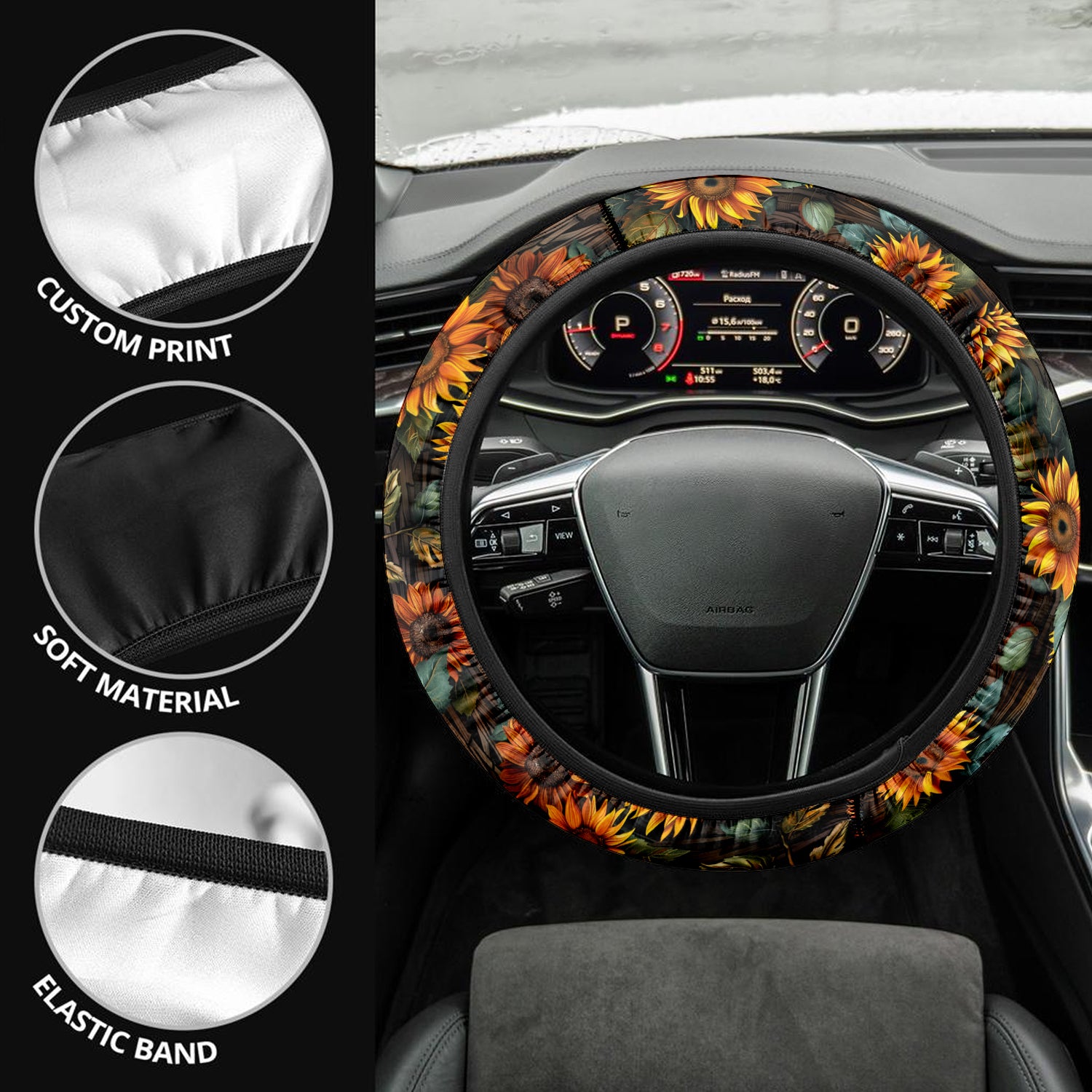 Tropical Rainforest, Forest Botanical, Sunflower Car Steering Wheel Cover Update Version, Forest Botanical Custom-Fit for Car, Premium Leather Car Steering Wheel Cover , Car Accessories, Tropical 02