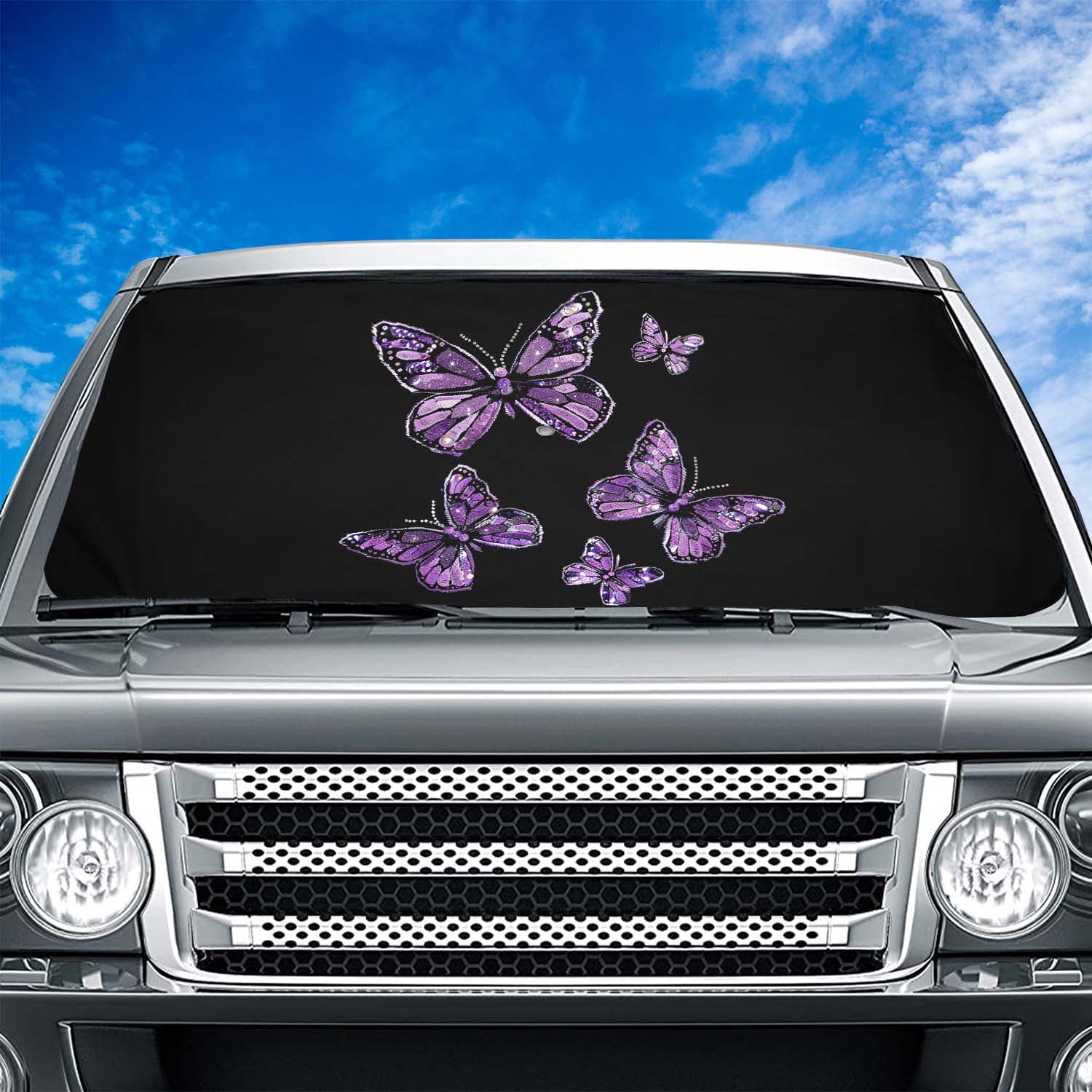 Faux Embroidery Car Windshield Sunshade, Universal Fit Embroidered Purple Butterfly, Fit with all car, UV Rays and Heat Sun Visor Protector Foldable Sun Shade Umbrella, Butterfly 01 - Delicate Leather