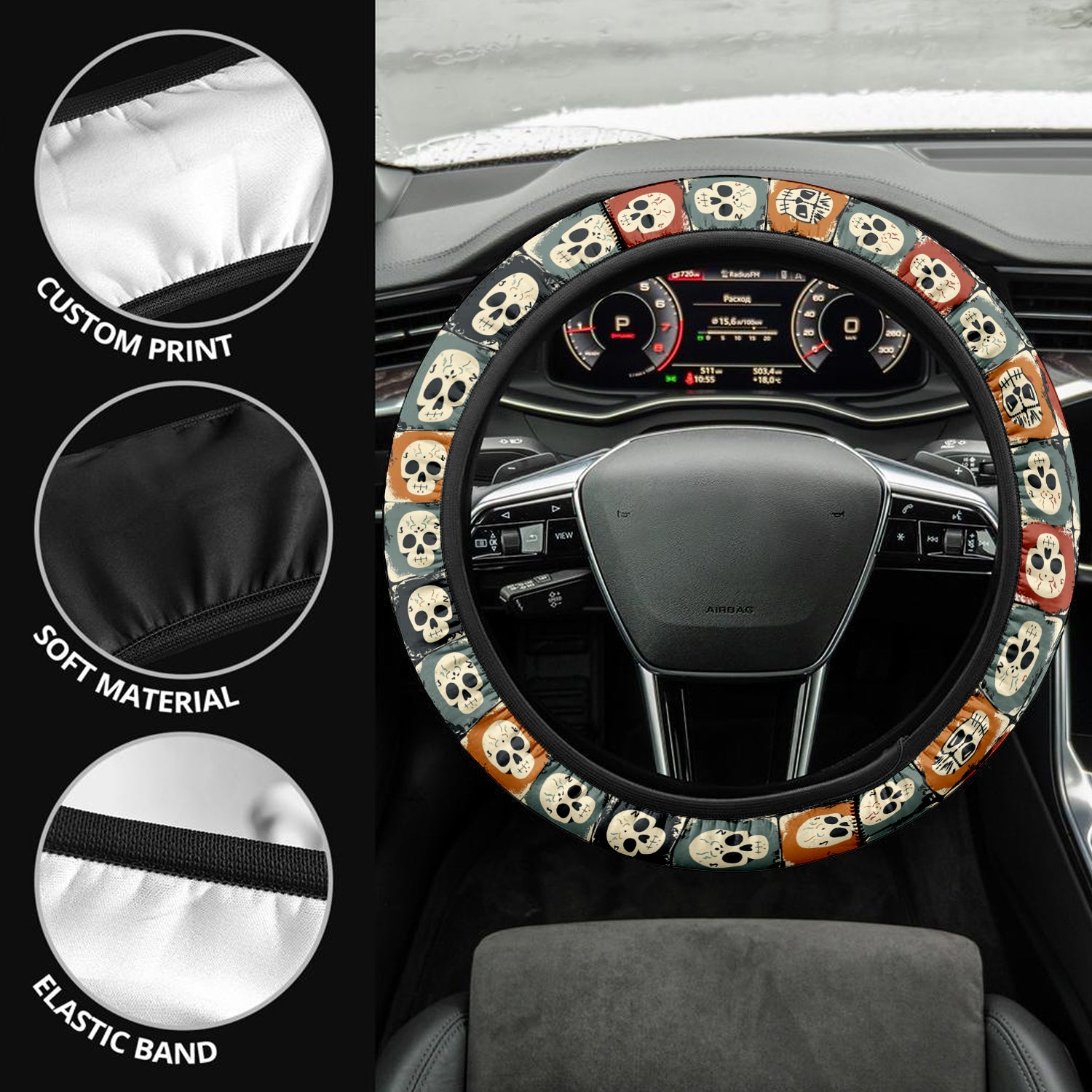Happy Halloween Car Steering Wheel Cover Update Version, Cute Skill Custom-Fit for Car, Premium Leather Car Steering Wheel Cover , Car Accessories, Halloween 04