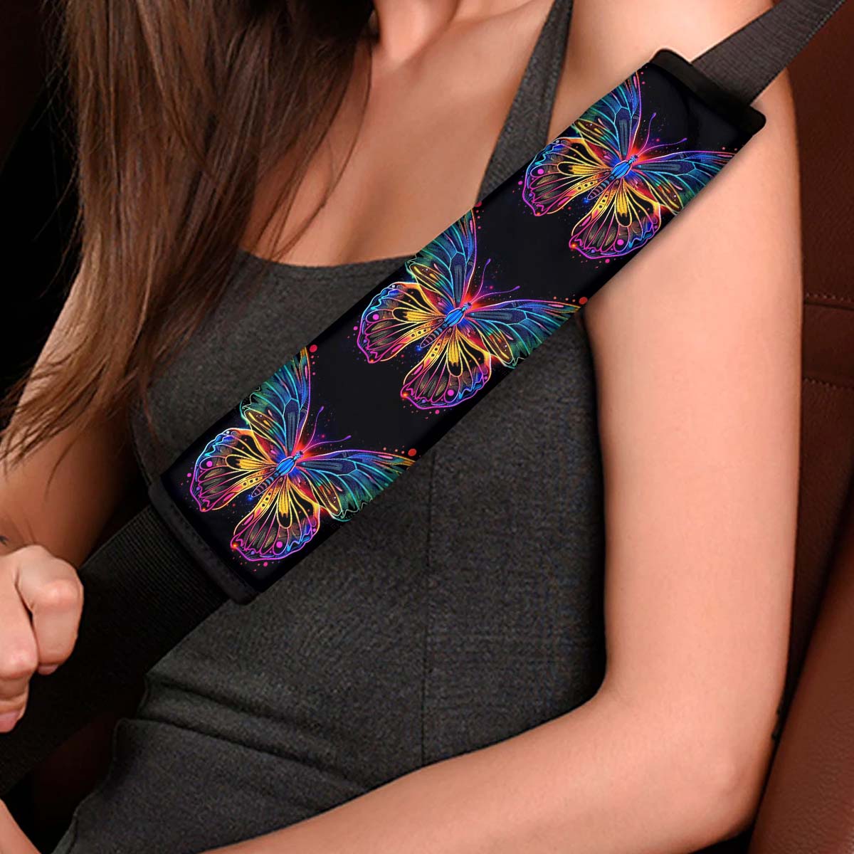 Faux Embroidery Seat Belt Covers (2PCS), Universal Fit Embroidered Butterfly, Microfiber Leather Seat Belt Shoulder Pads for More Comfortable Driving, Butterfly 06 - Delicate Leather