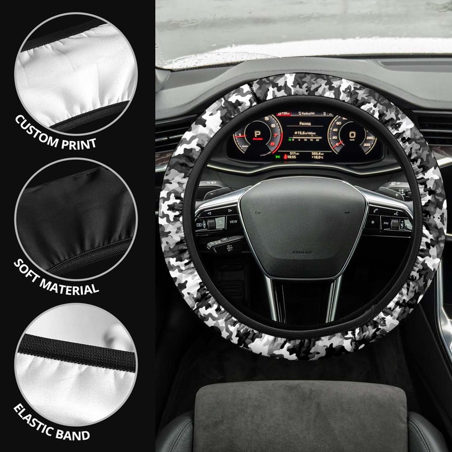 Car Steering Wheel Cover Update Version, White And Gray Camo Camouflage Custom-Fit for Car, Premium Leather Car Steering Wheel Cover , Car Accessories, Camo 03 - Delicate Leather