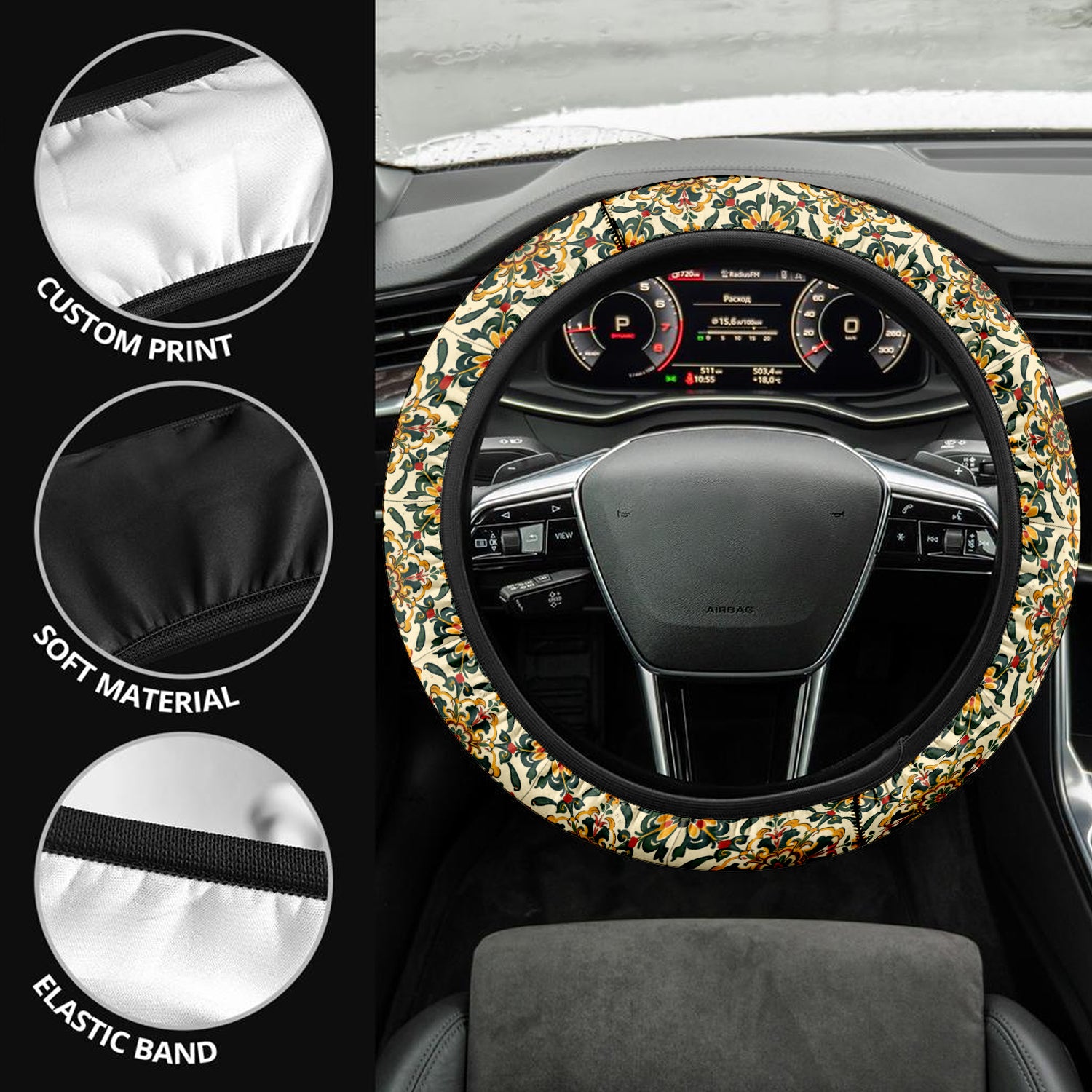 Mandala  Boho Car Steering Wheel Cover Update Version, Forest Botanical Custom-Fit for Car, Premium Leather Car Steering Wheel Cover , Car Accessories, Boho 04 - Delicate Leather