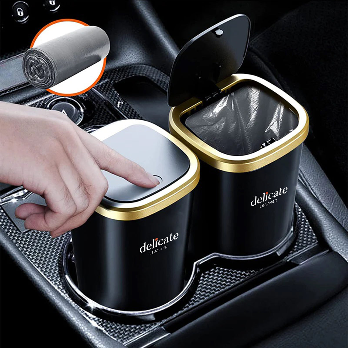 Car Trash Cans, Custom For Your Cars, Compact & Durable Car Accessories for Interior Use 2 Pack, Practical Car Organizers and Storage Cups with Pop-Up Open, Car Accessories TY11993 - Delicate Leather