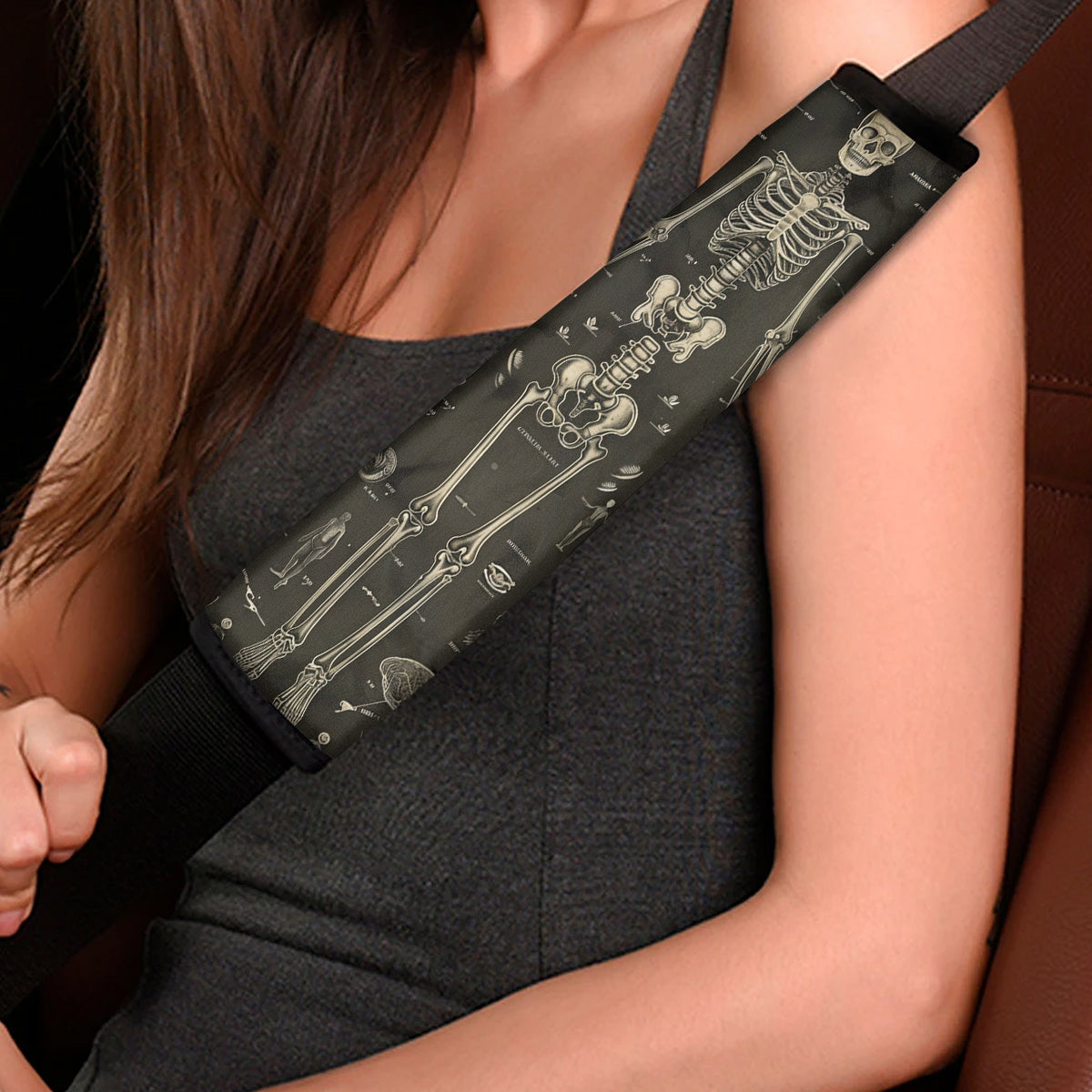 Happy Halloween Seat Belt Covers (2PCS) , Black Gothic Human Bones and Anatomy Microfiber Leather Seat Belt Shoulder Pads for More Comfortable Driving, Halloween 06 - Delicate Leather