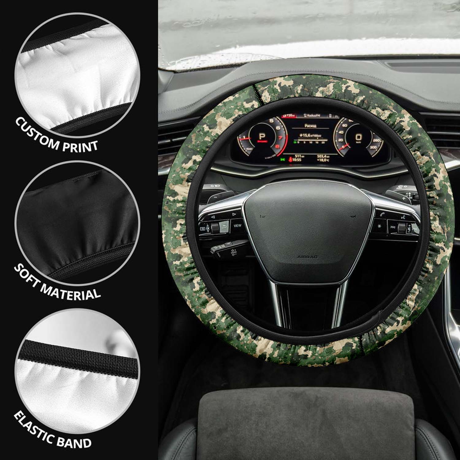 Car Steering Wheel Cover Update Version, Green Camo Camouflage Custom-Fit for Car, Premium Leather Car Steering Wheel Cover , Car Accessories, Camo 10