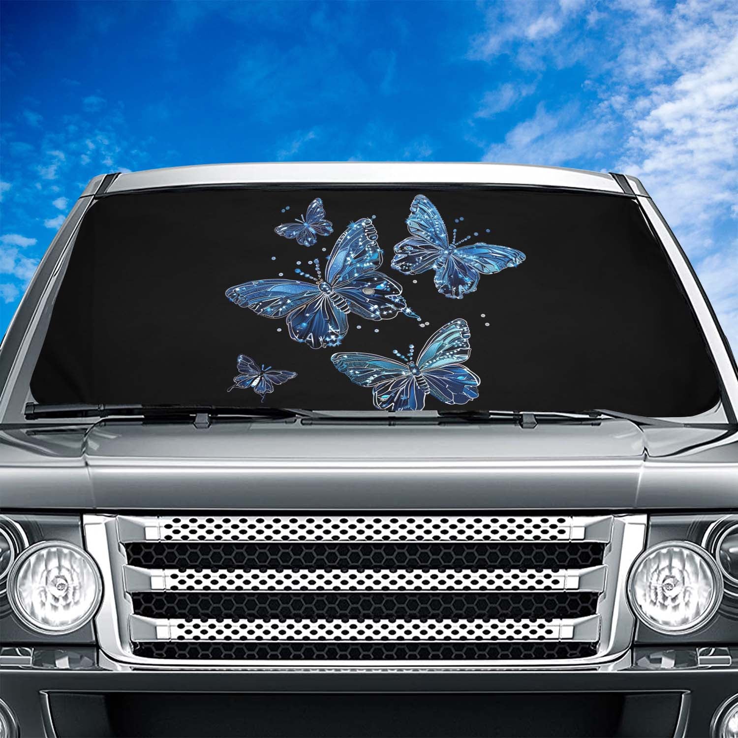 Faux Embroidery Car Windshield Sunshade, Universal Fit Embroidered Blue Butterfly, Fit with all car, UV Rays and Heat Sun Visor Protector Foldable Sun Shade Umbrella, Butterfly 02 - Delicate Leather