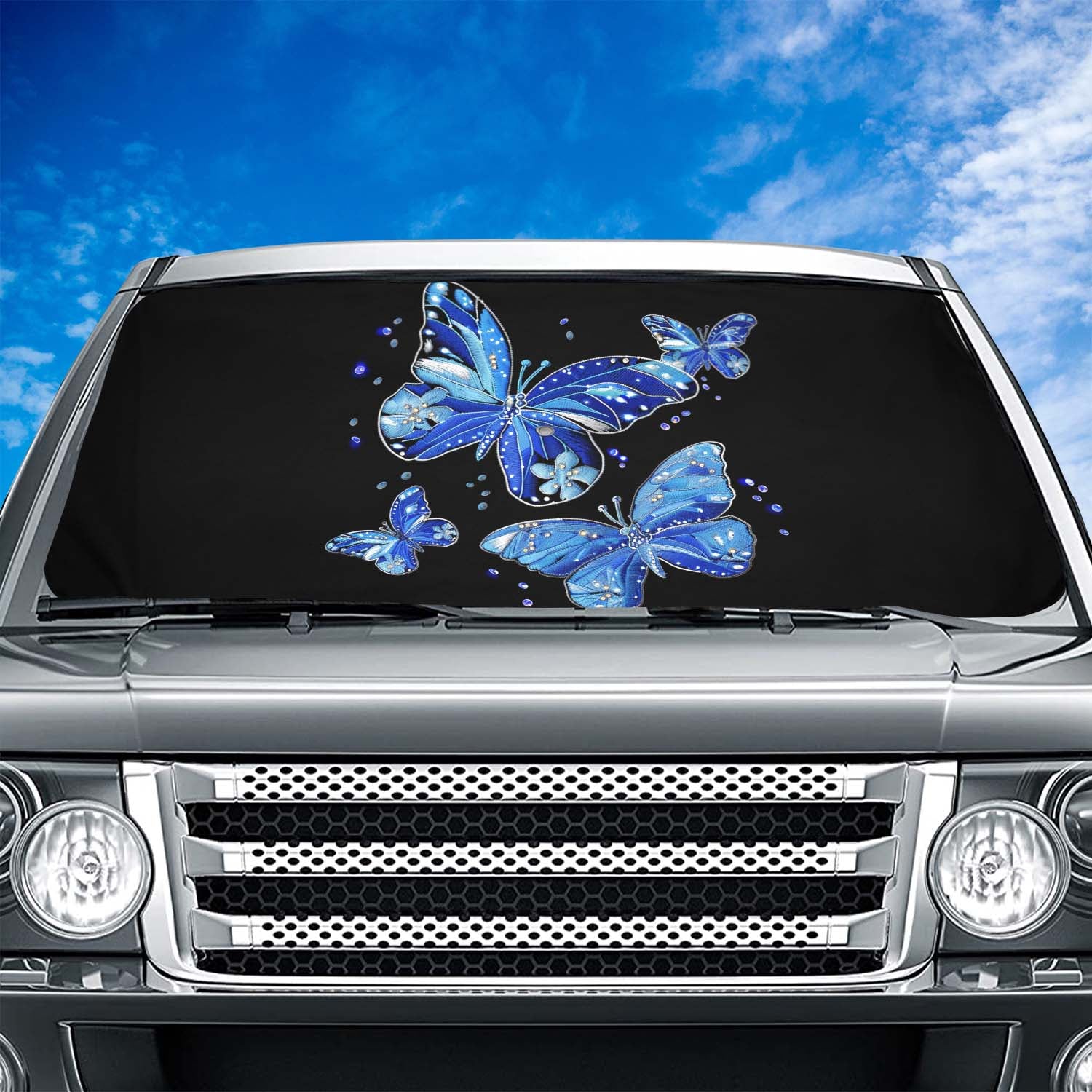 Faux Embroidery Car Windshield Sunshade, Universal Fit Embroidered Blue Butterfly, Fit with all car, UV Rays and Heat Sun Visor Protector Foldable Sun Shade Umbrella, Butterfly 03 - Delicate Leather