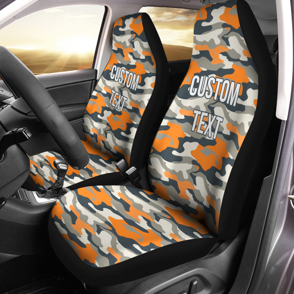 Personalized Custom Camo Car Seat Covers Dark Gray and Orange Camouflage Set of 2 Seat Protectors Universal Fit For Car SUV Bucket Seats, Camo 01 - Delicate Leather