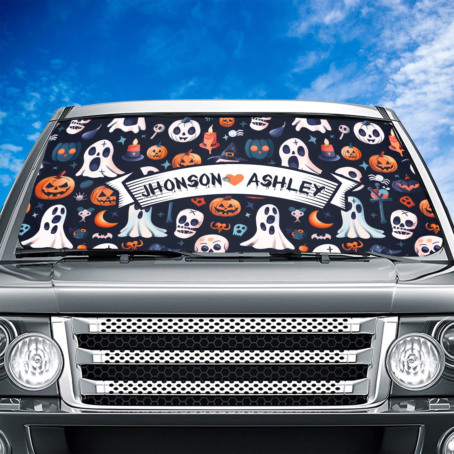 Personalized Happy Halloween Car Windshield Sunshade, Cute Doodle Ghost, Fit with all car, UV Rays and Heat Sun Visor Protector Foldable Sun Shade Umbrella, Halloween 06 - Delicate Leather