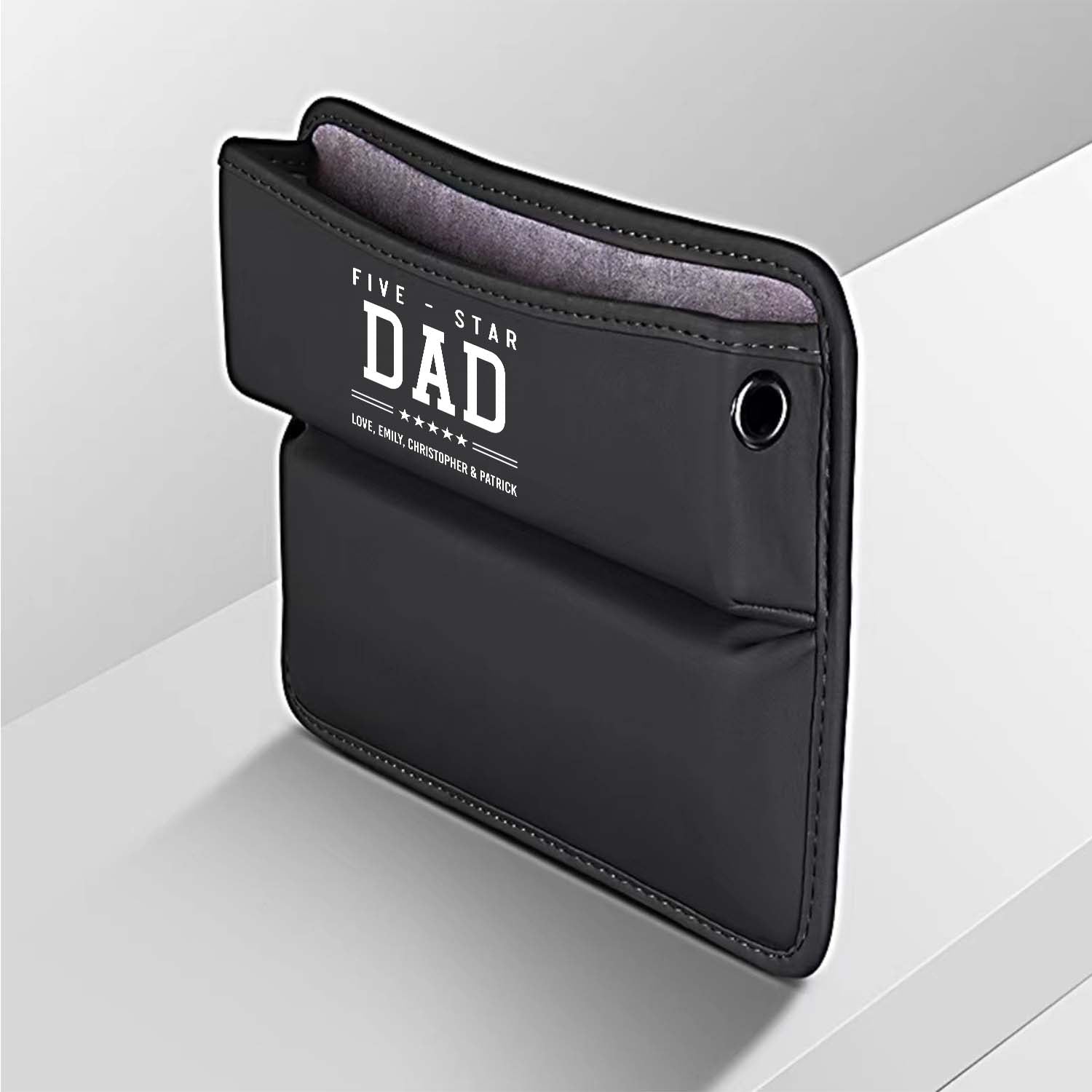 Personalized Car Seat Gap Filler Organizer, Happy Father's Day, Custom FIt For Your Cars, Multifunctional PU Leather Console Side Pocket Organizer for Cellphones, Cards, Wallets, Keys, Gift for Daddy - Delicate Leather