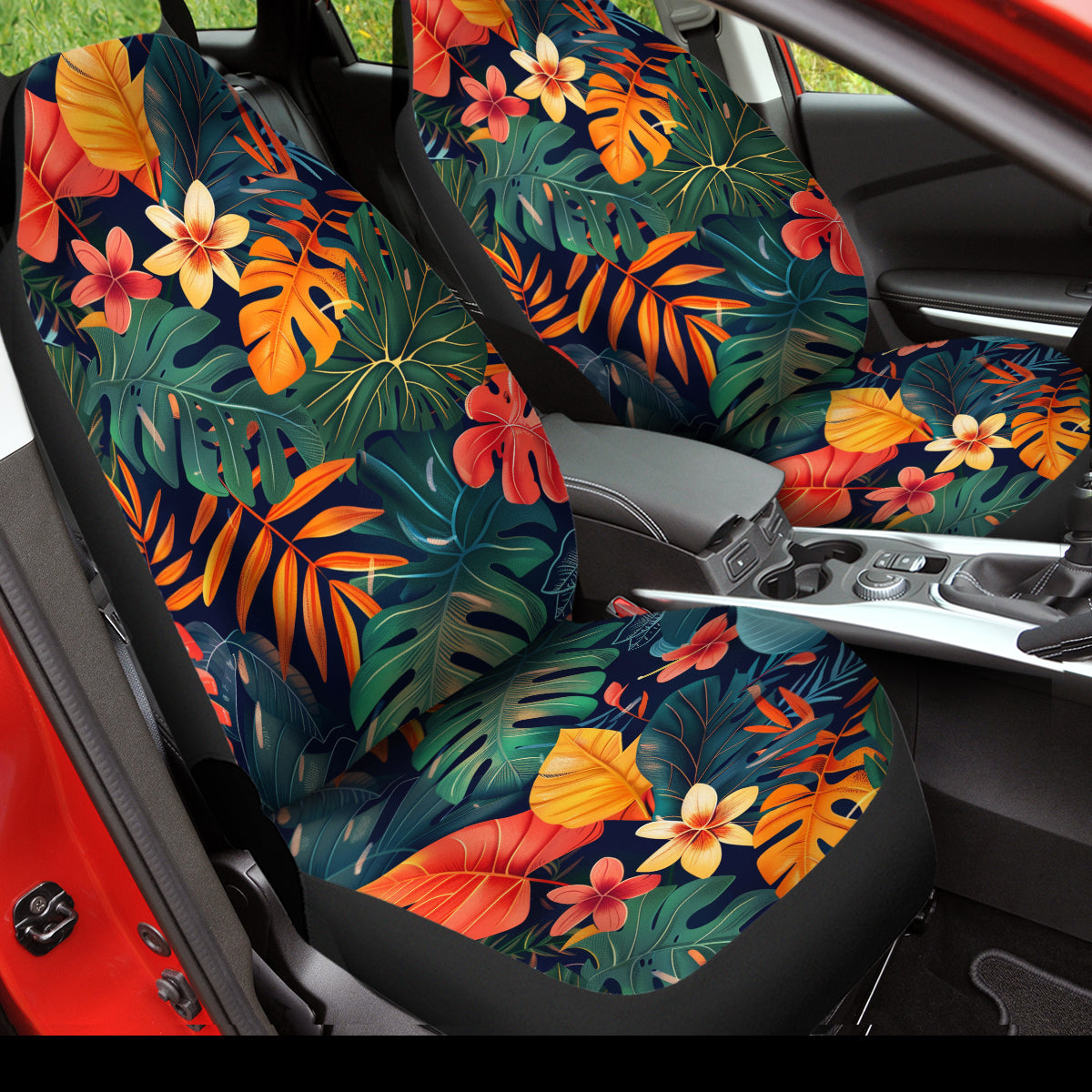 Tropical Leaf Car Seat Cover, Stretchy Car Seat Protector Cover for Women Men, Comfortable 2 Piece Car Seat Covers Universal Fit for Most Vehicle Cars, Purple and Green , Tropical 3 - Delicate Leather