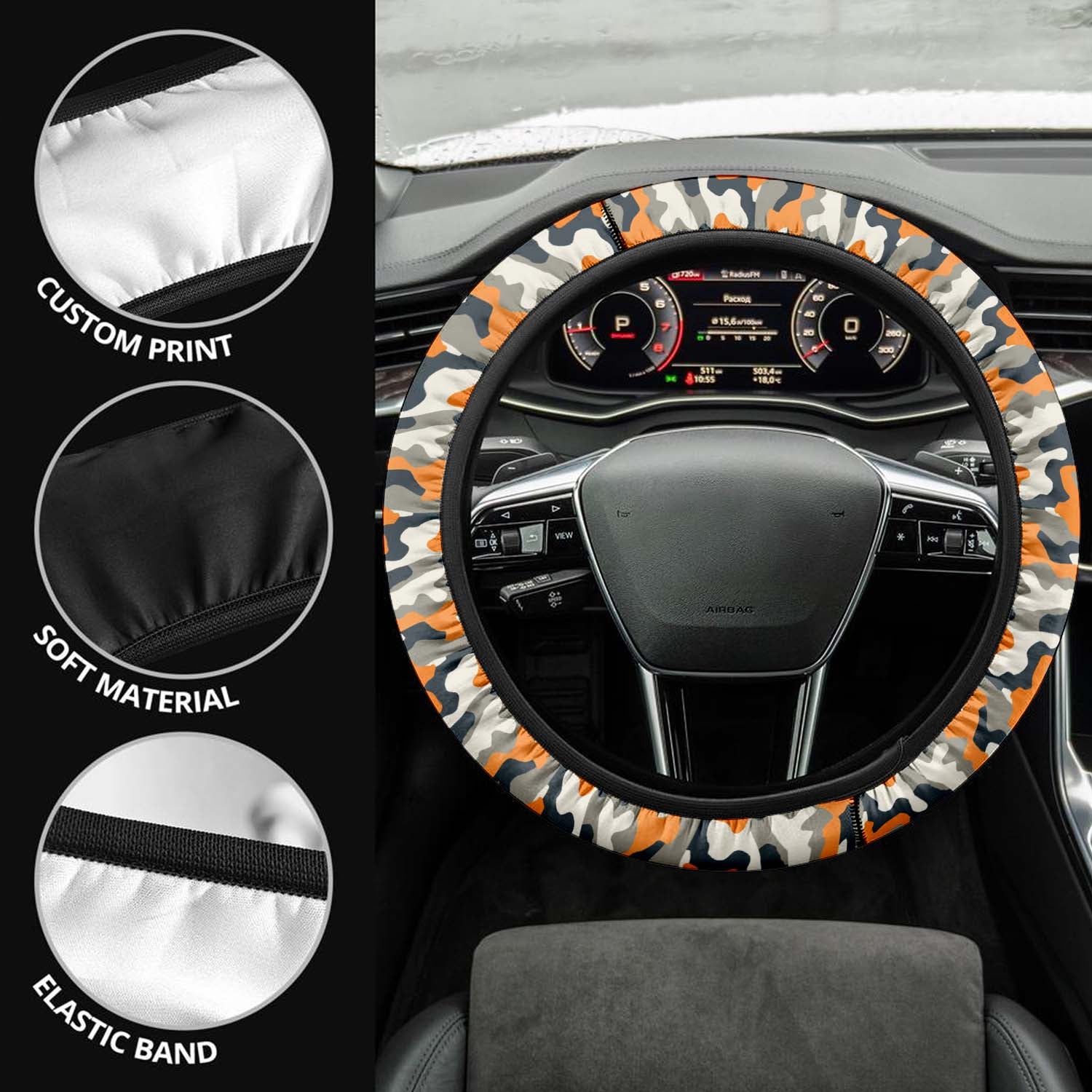 Car Steering Wheel Cover Update Version, Orange And Gray Camo Camouflage Custom-Fit for Car, Premium Leather Car Steering Wheel Cover , Car Accessories, Camo 01