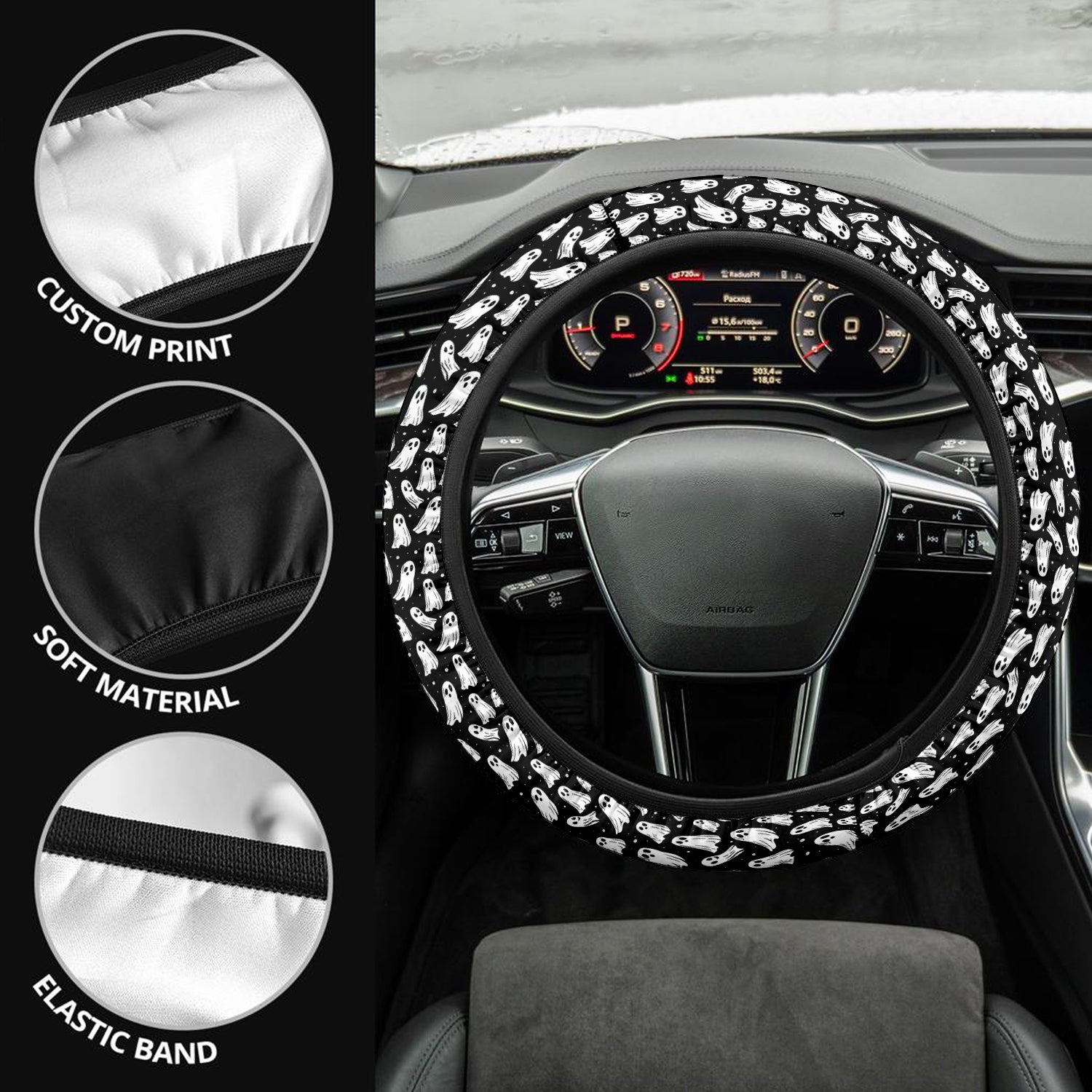 Happy Halloween Car Steering Wheel Cover Update Version, Cute Doodle Ghost Custom-Fit for Car, Premium Leather Car Steering Wheel Cover , Car Accessories, Halloween 03 - Delicate Leather
