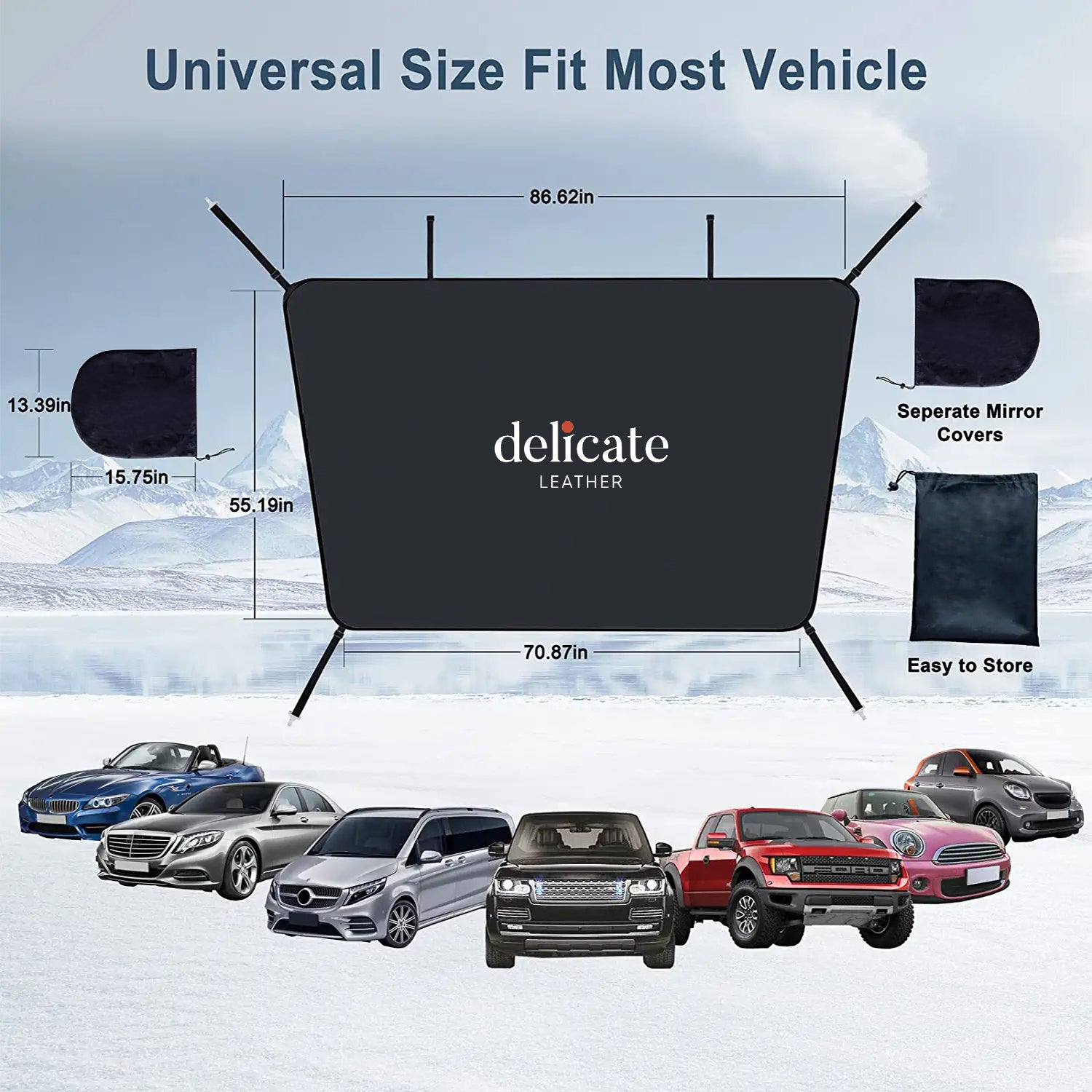 Car Windshield Snow Cover, Fit for car, Large Windshield Cover for Ice and Snow Frost with Removable Mirror Cover Protector, Wiper Front Window Protects Windproof UV Sunshade Cover - Delicate Leather
