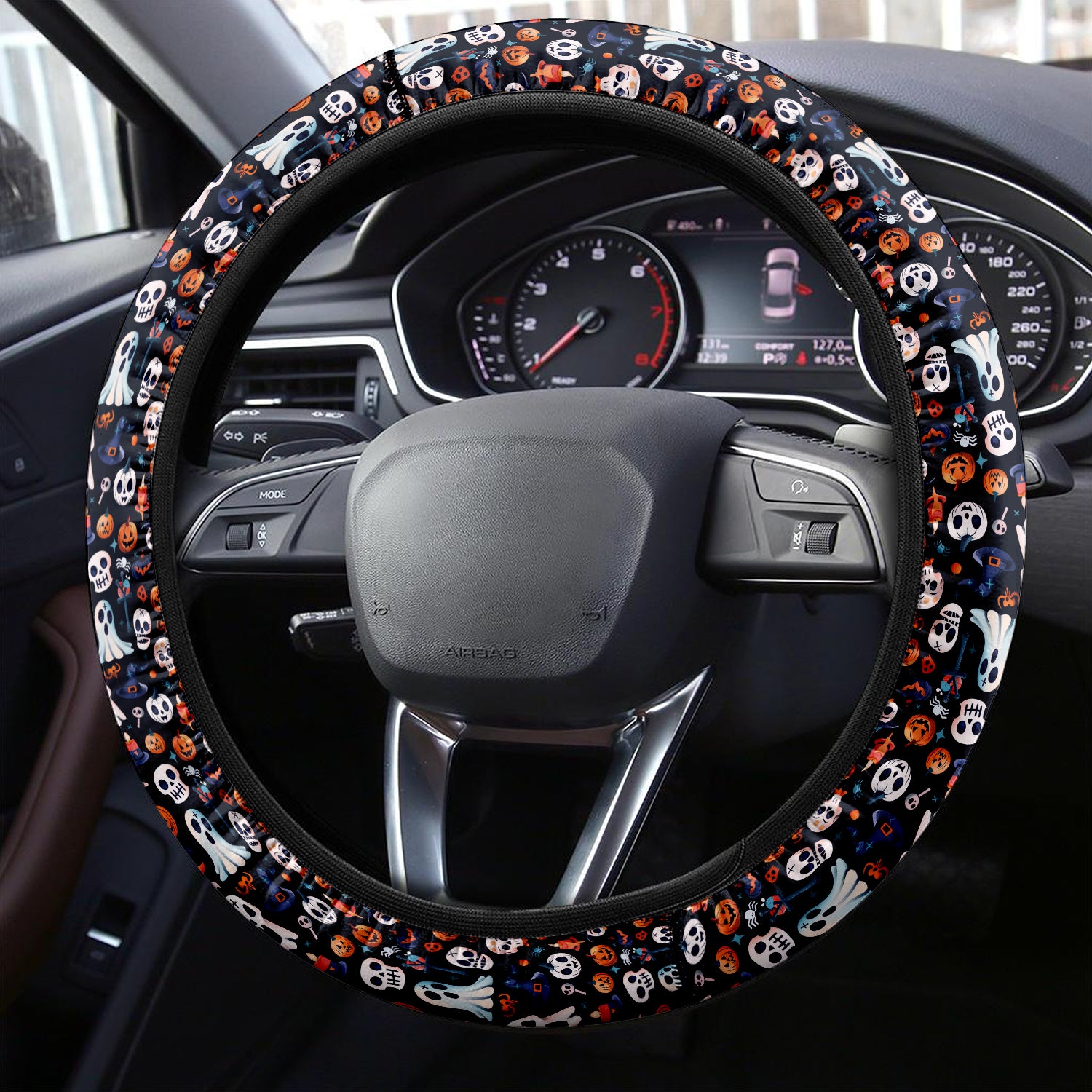 Happy Halloween Car Steering Wheel Cover Update Version, Cute Doodle Ghost Custom-Fit for Car, Premium Leather Car Steering Wheel Cover , Car Accessories, Halloween 08