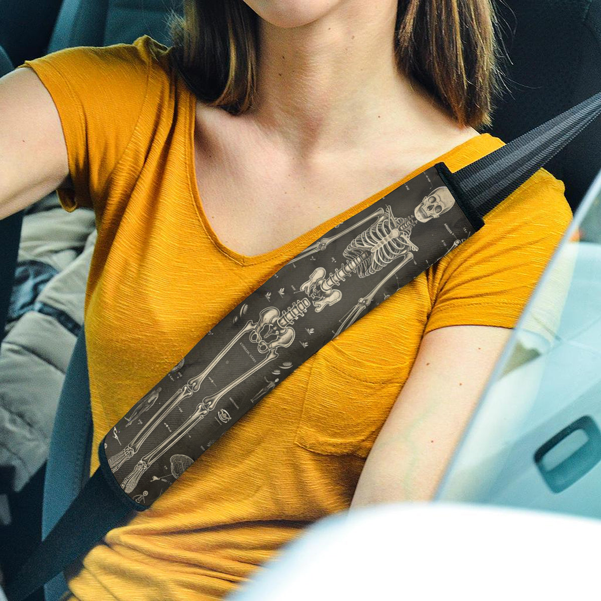 Happy Halloween Seat Belt Covers (2PCS) , Black Gothic Human Bones and Anatomy Microfiber Leather Seat Belt Shoulder Pads for More Comfortable Driving, Halloween 06