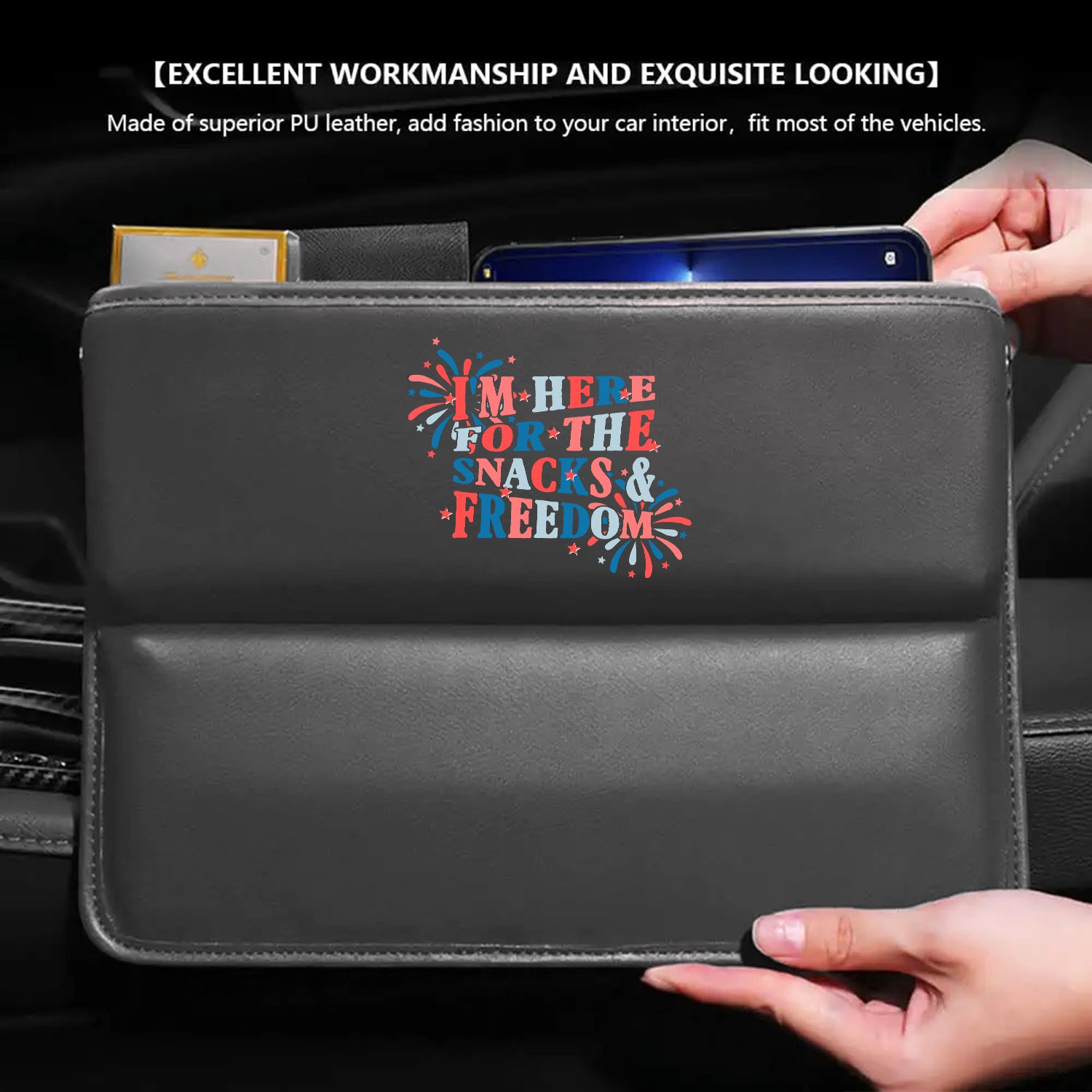 I'm Here for The Snacks and Freedom Car Seat Gap Filler Organizer, Custom For All Cars, Multifunctional Pu Leather Console Side Pocket Organizer For Cellphones, Cards, Wallets, Keys, Retro 4th of July 01