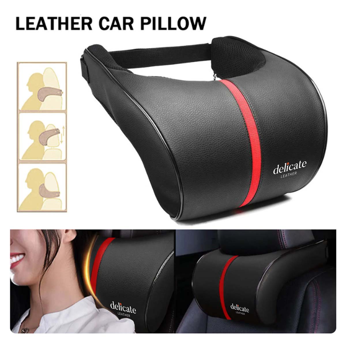 Delicate Leather, Premium PU Leather Car Neck Pillow with Memory Foam for Neck Support - Available in 3 Elegant Colors - Delicate Leather