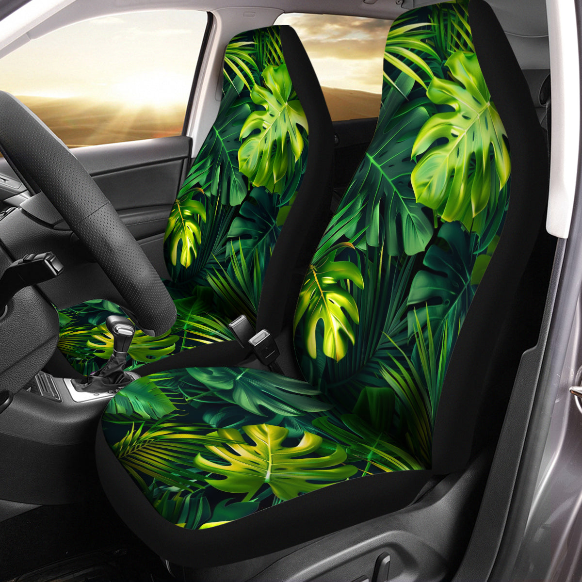 Summer Monstera Leaf Car Seat Cover Full Set, Tropical Nature Front And Back Seat Covers For Vehicle, Car Decor Gift, Tropical - Delicate Leather