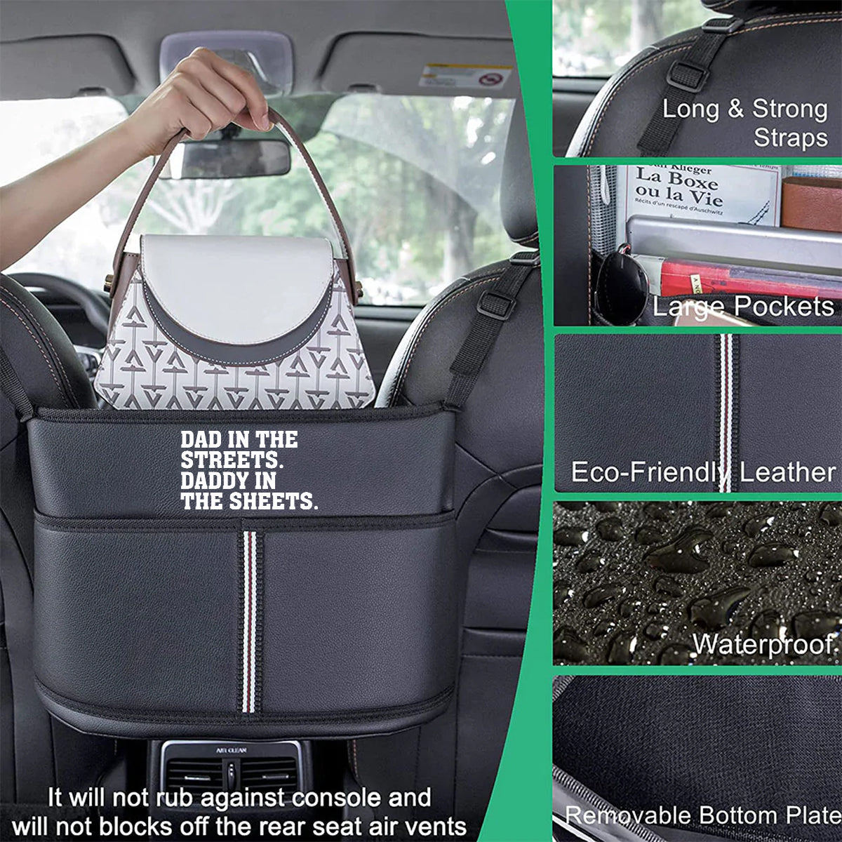 Dad In The Streets. Daddy In The Sheets Car Purse Holder for Car Handbag Holder Between Seats Premium PU Leather, Custom Fit For Your Cars, Auto Driver Or Passenger Accessories Organizer, Hanging Car Purse Storage Pocket Back, Gift for Daddy 21 - Delicate Leather