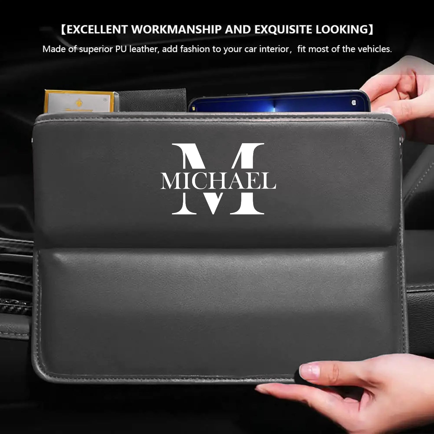 Personalized Name Sign Car Seat Gap Filler Organizer, Multifunctional PU Leather Console Side Pocket Organizer for Cellphones, Gift For Father's Day, Gift For Dad - Delicate Leather