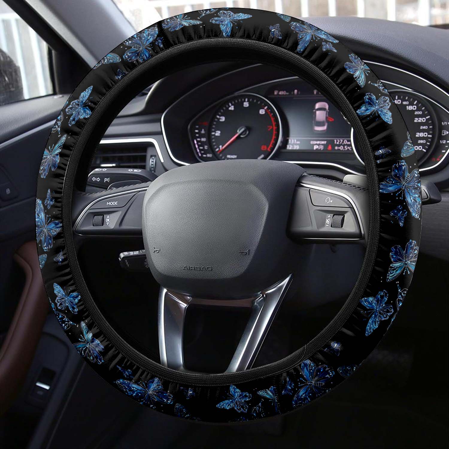 Faux Embroidery Car Steering Wheel Cover Update Version, Universal Fit Embroidered Blue Butterfly, Premium Leather Car Steering Wheel Cover , Car Accessories, Butterfly 04 - Delicate Leather