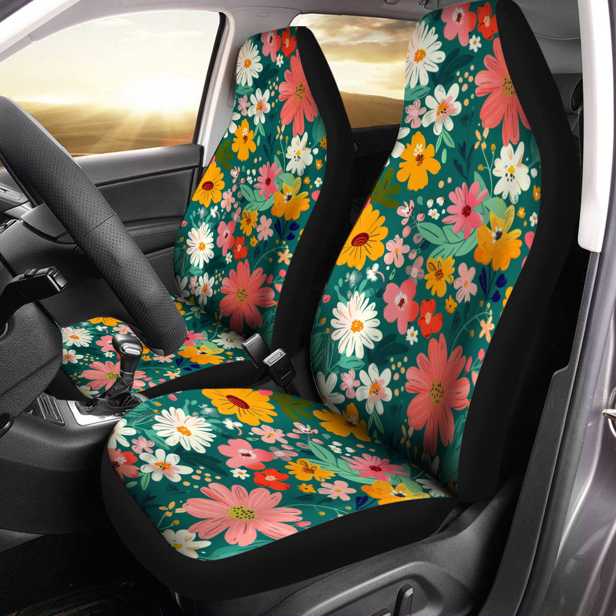 Cottagecore Green Floral Car Seat Covers Full Set, Nature Boho Flowers Seat Cover For Women, Steering Wheel Cover, Cute Car Accessories Gift, Flower