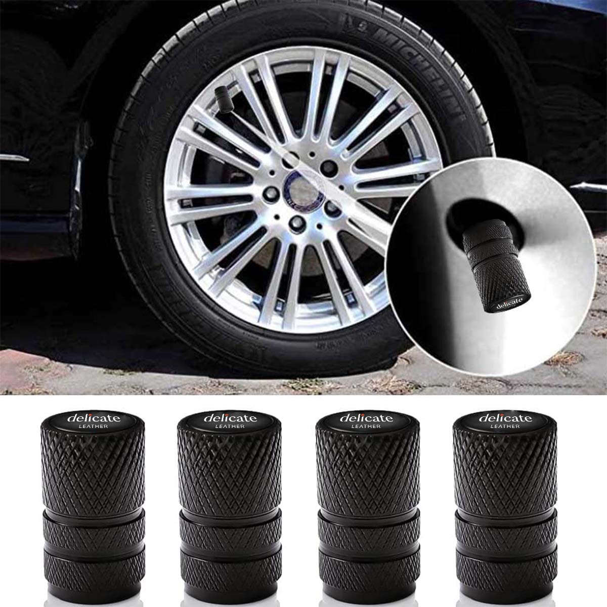 Compatible with 4 Pieces Car Valve Stem Caps- Auto Wheel Tire Valve Stem Cover Compatible with SUV Silver Metal Styling Decoration Accessories - Delicate Leather
