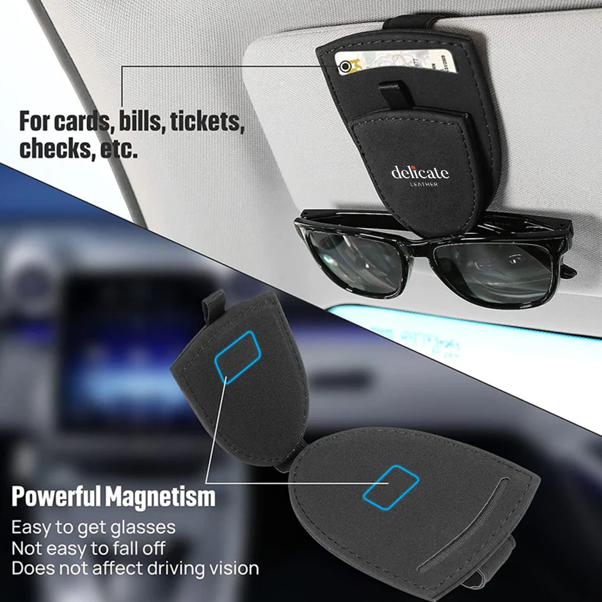 Universal Sunglasses Holder Car Sun Visor Sunglasses Hanger Glasses Holder Card Clip for Car Accessories, Car Organizer, Premium Car Interior Decorations (Black, 2Pcs) - Delicate Leather